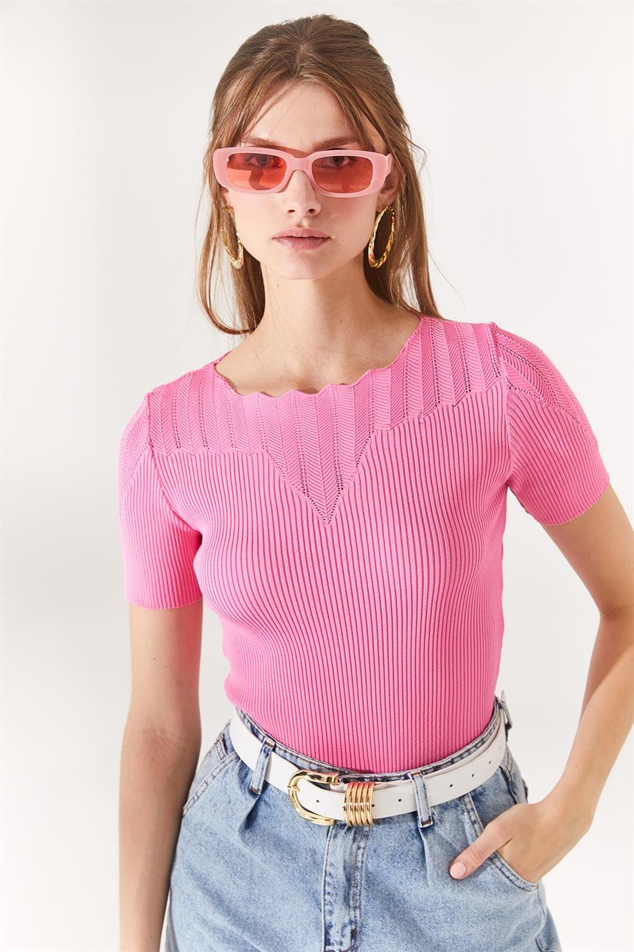 Yaka Ajurlu Triko Bluz Şeker Pembe