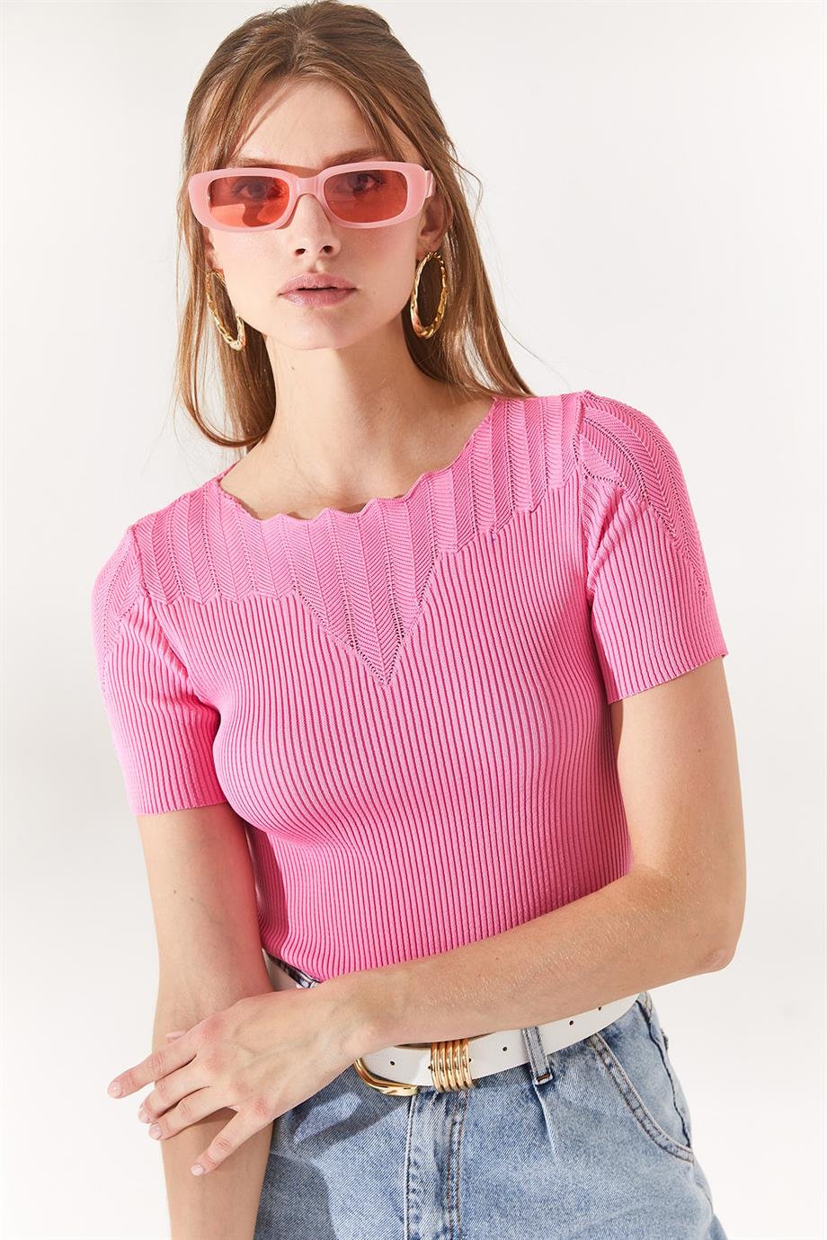 Yaka Ajurlu Triko Bluz Şeker Pembe