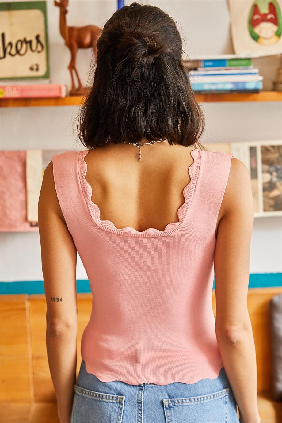Yaka Detaylı Bel Üstü Triko Bluz Pembe