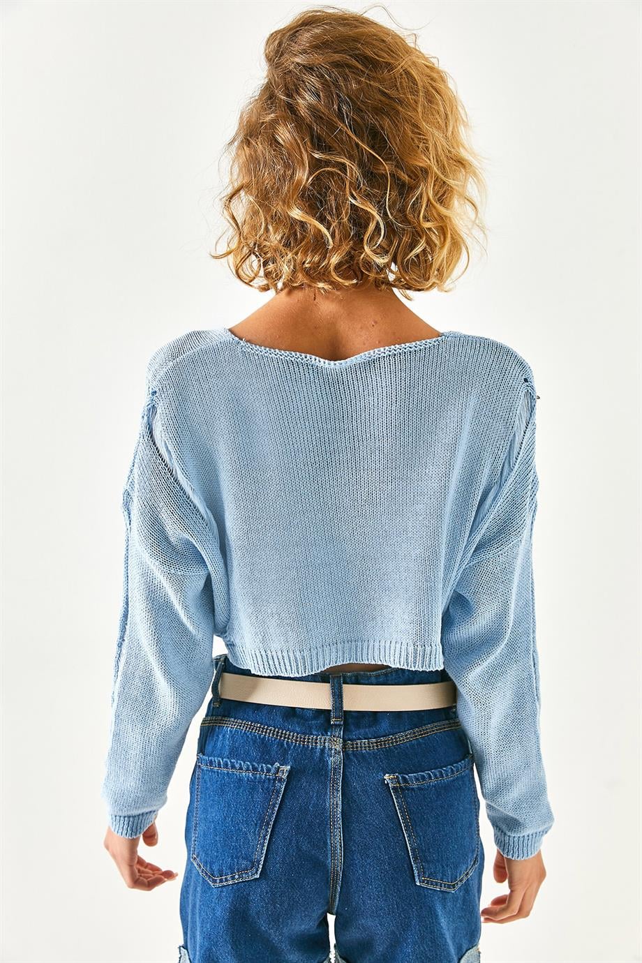 Yaka ve Kol Detaylı Ajurlu Crop Triko Bluz Bebe Mavi