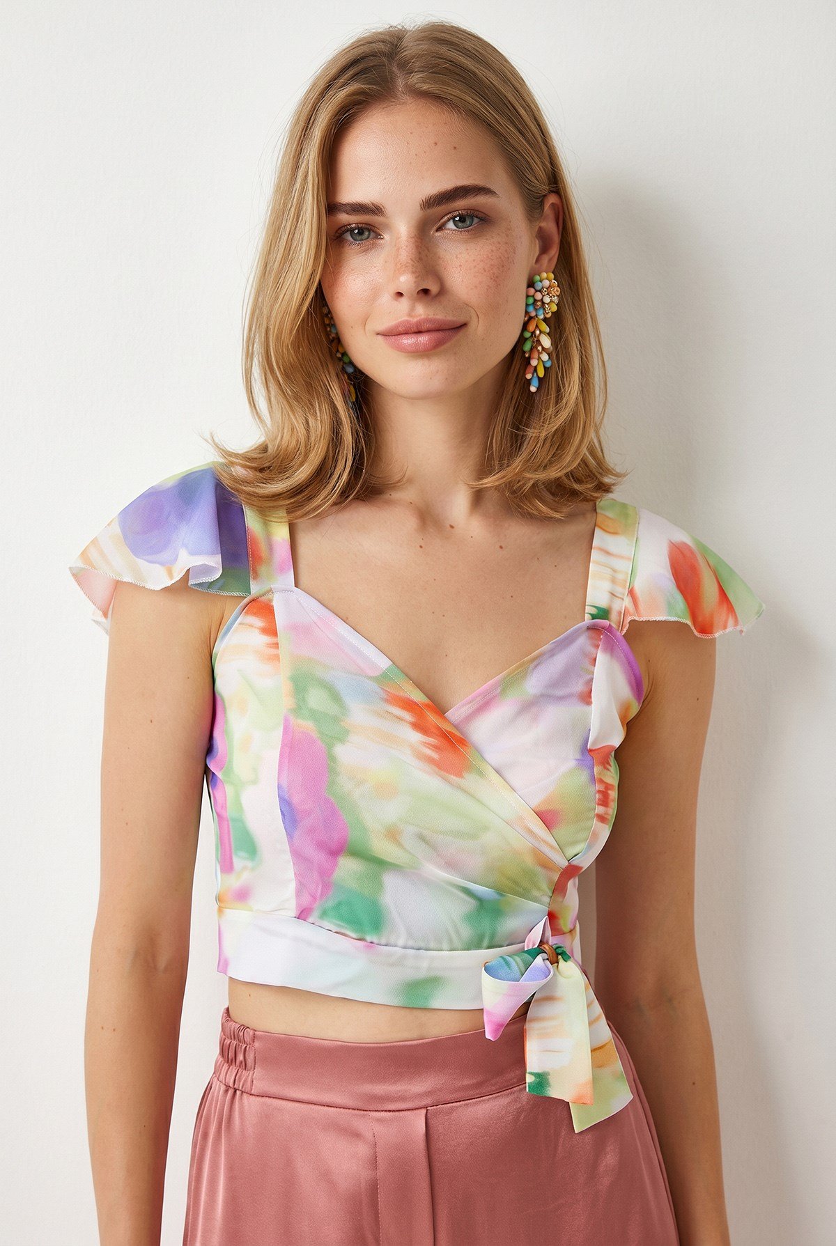Yandan Fermuarlı Crop Krep Bluz Batik Çiçekli