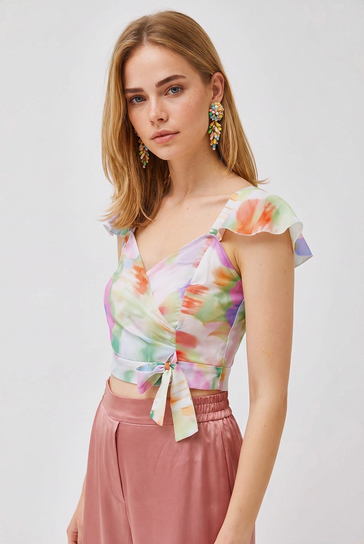 Yandan Fermuarlı Crop Krep Bluz Batik Çiçekli