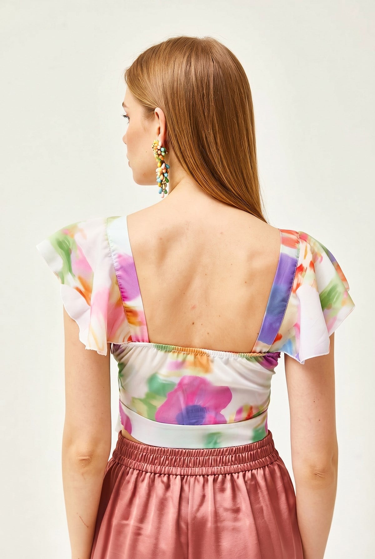 Yandan Fermuarlı Crop Krep Bluz Batik Çiçekli