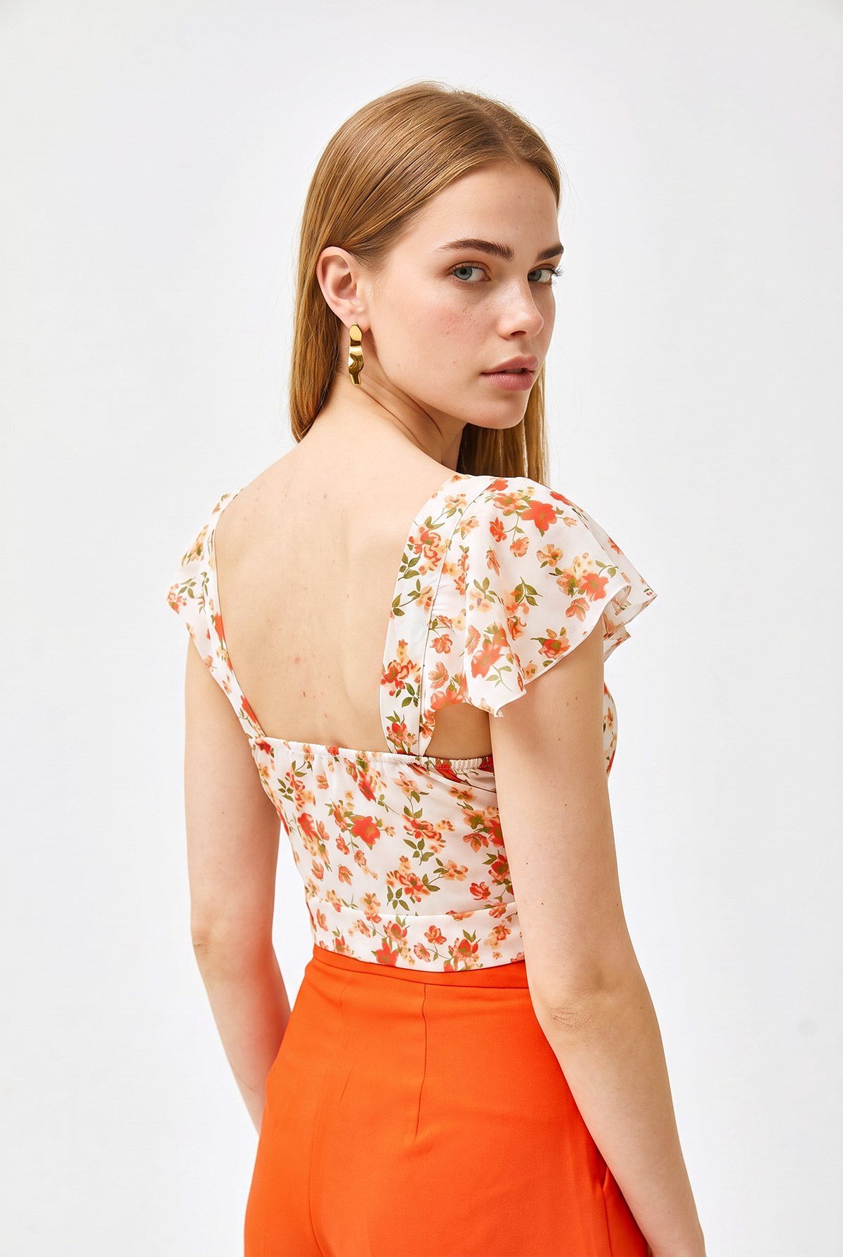 Yandan Fermuarlı Crop Krep Bluz Bej Mercan