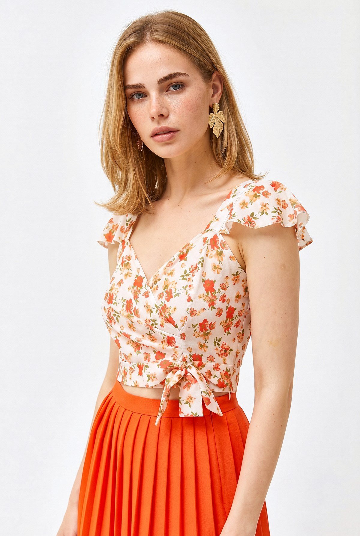 Yandan Fermuarlı Crop Krep Bluz Bej Mercan