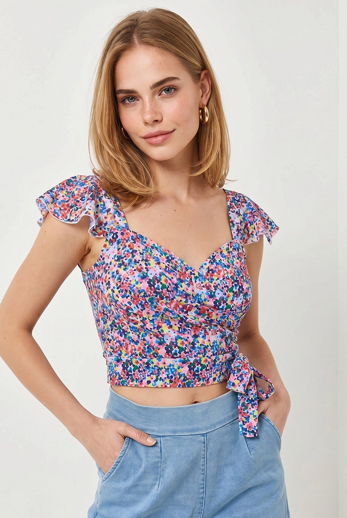 Yandan Fermuarlı Crop Krep Bluz Çok Renkli