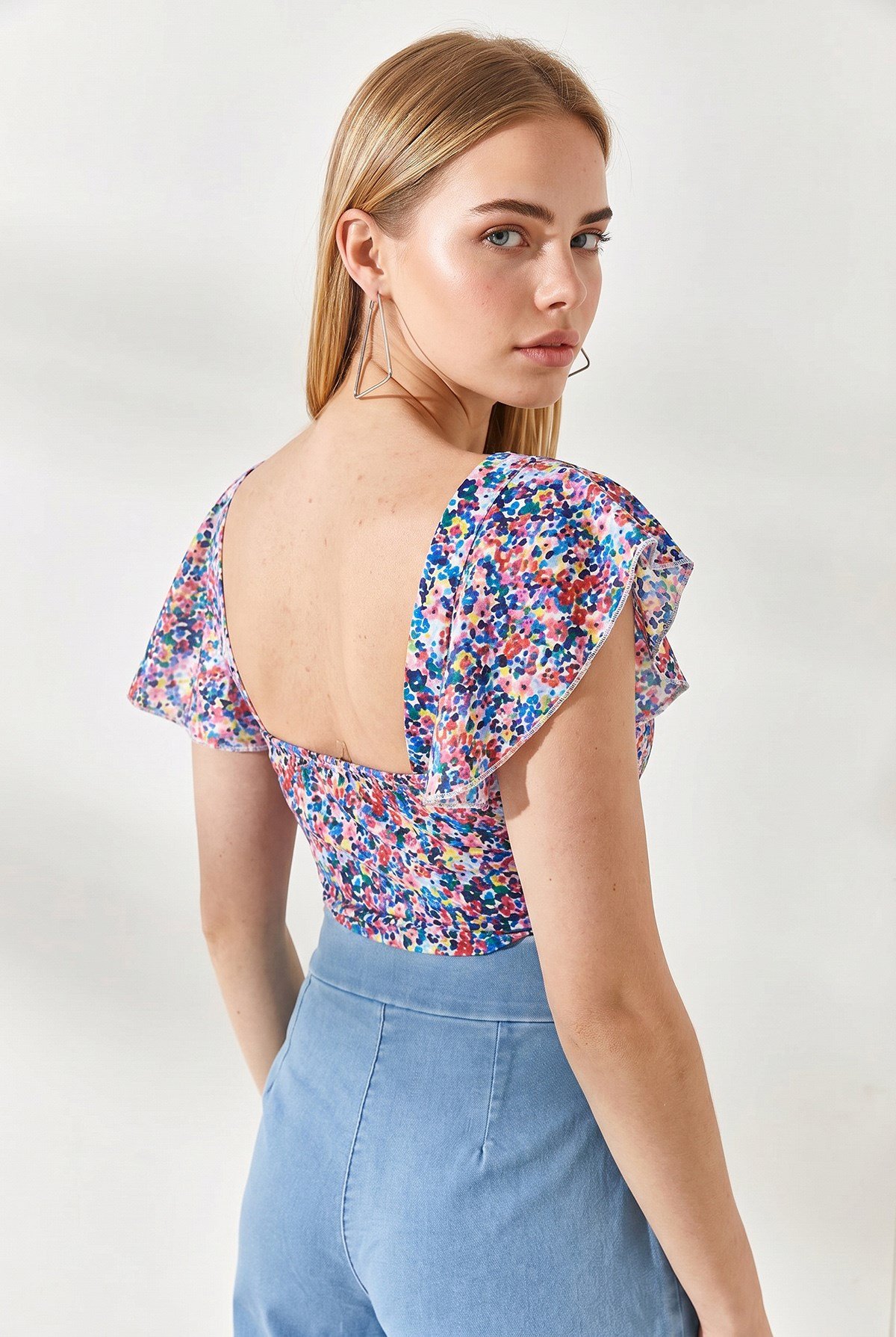 Yandan Fermuarlı Crop Krep Bluz Çok Renkli