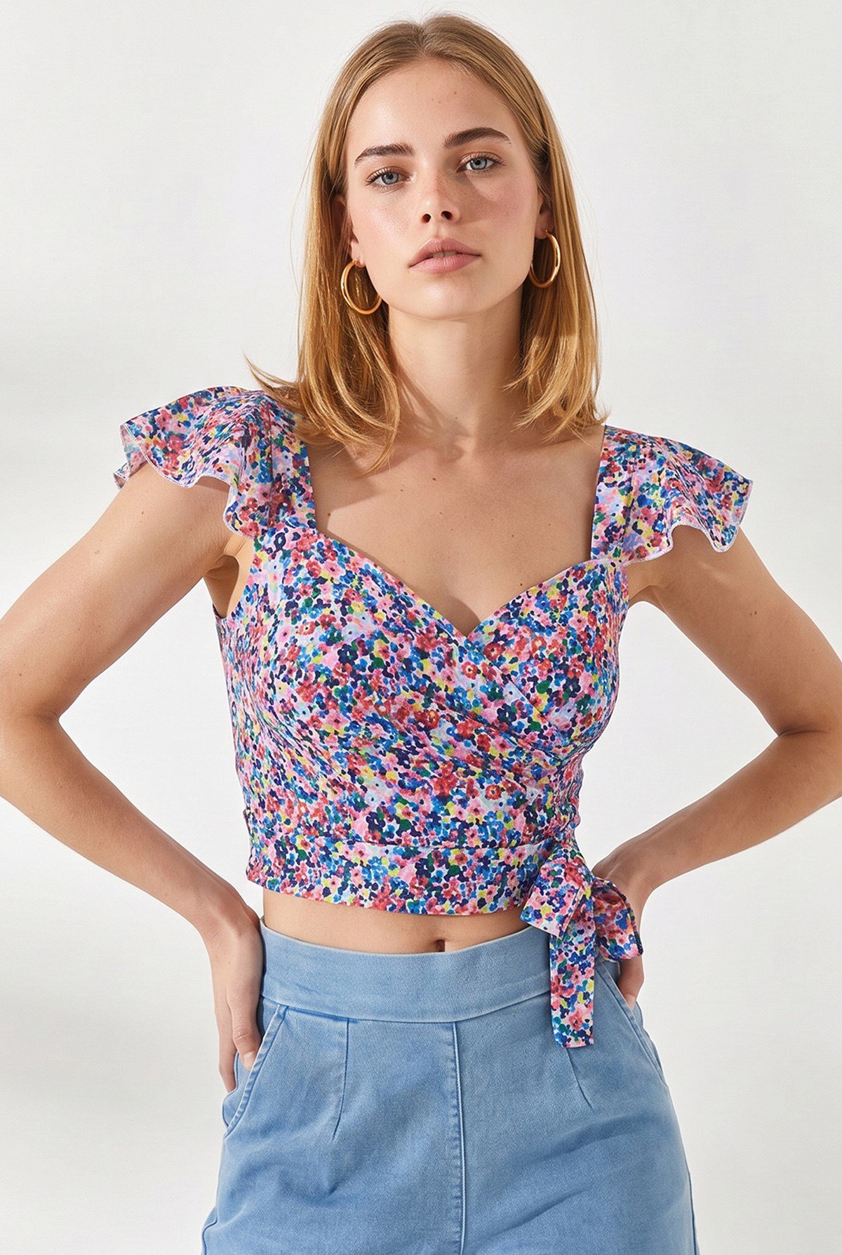 Yandan Fermuarlı Crop Krep Bluz Çok Renkli