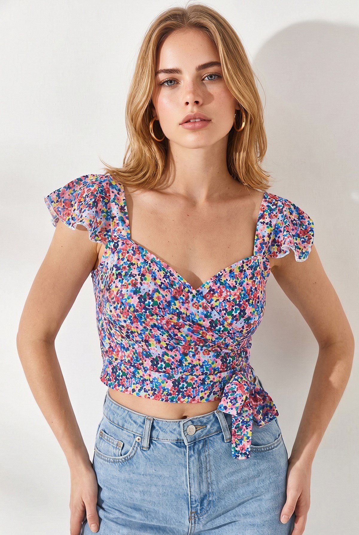 Yandan Fermuarlı Crop Krep Bluz Çok Renkli