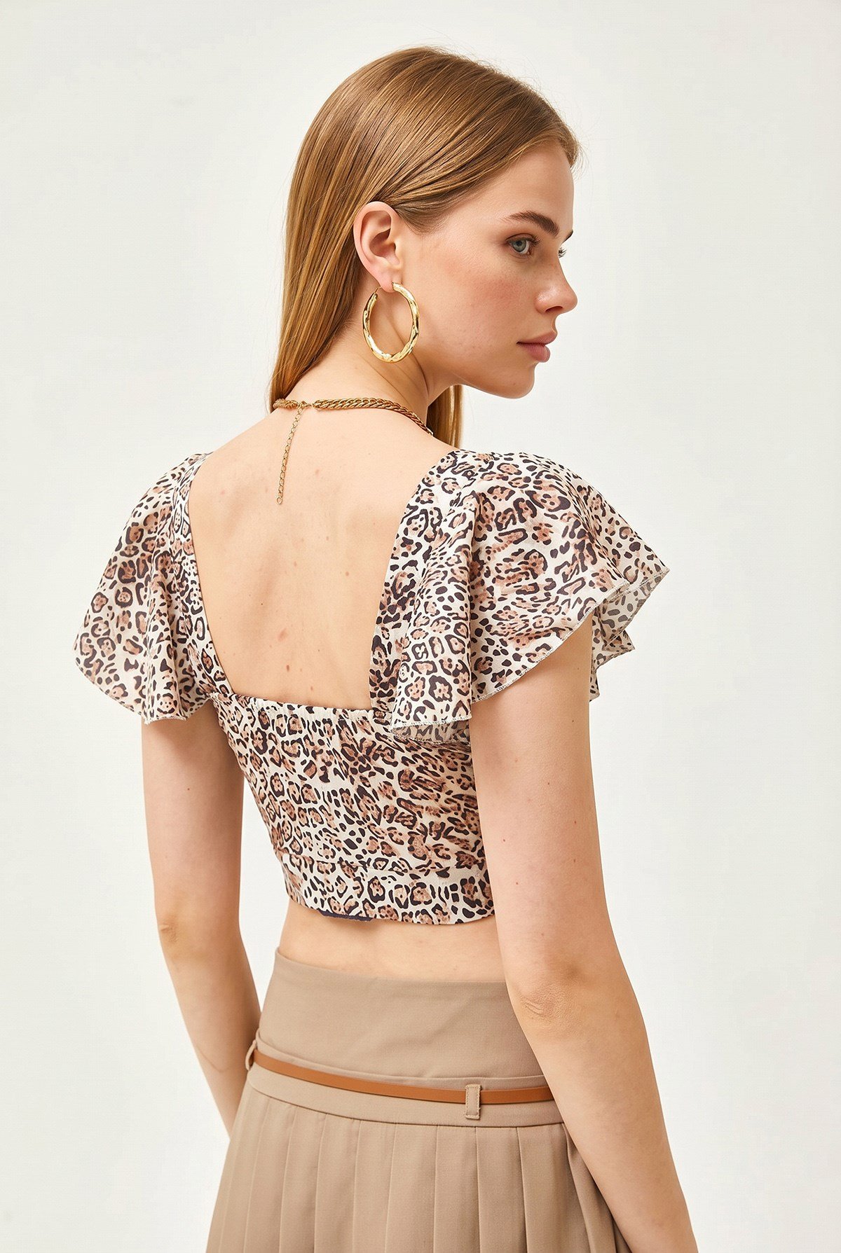 Yandan Fermuarlı Crop Krep Bluz Leopar