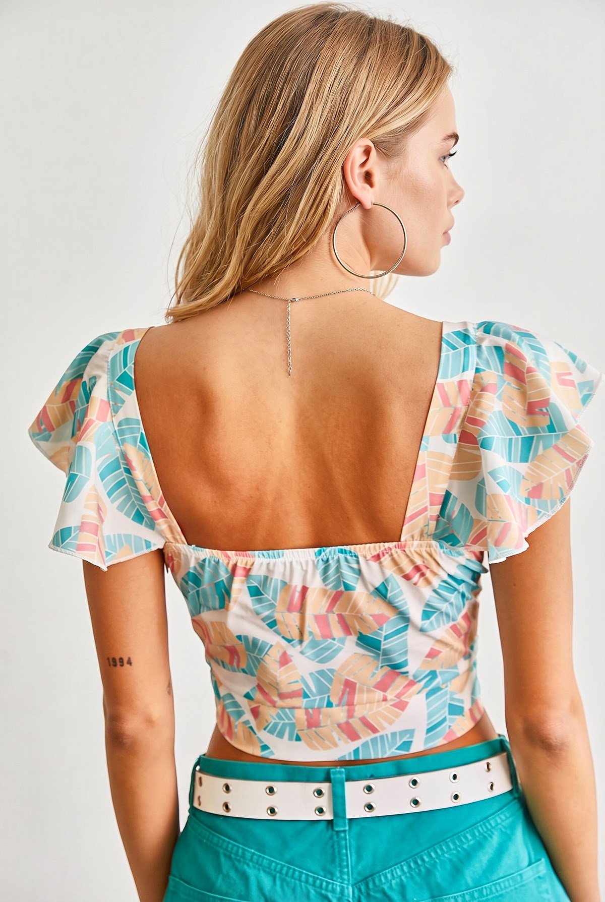 Yandan Fermuarlı Crop Krep Bluz Mavi Turuncu