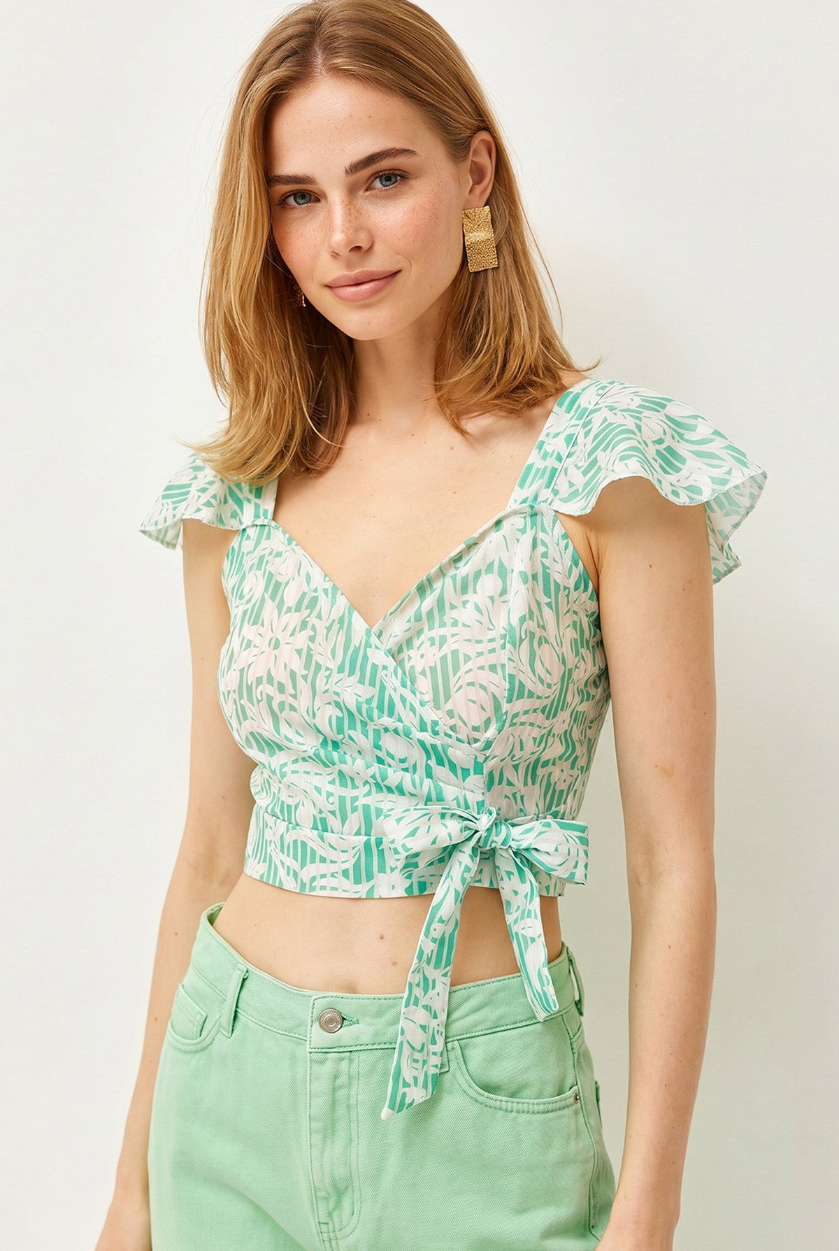 Yandan Fermuarlı Crop Krep Bluz Yeşil Çizgili