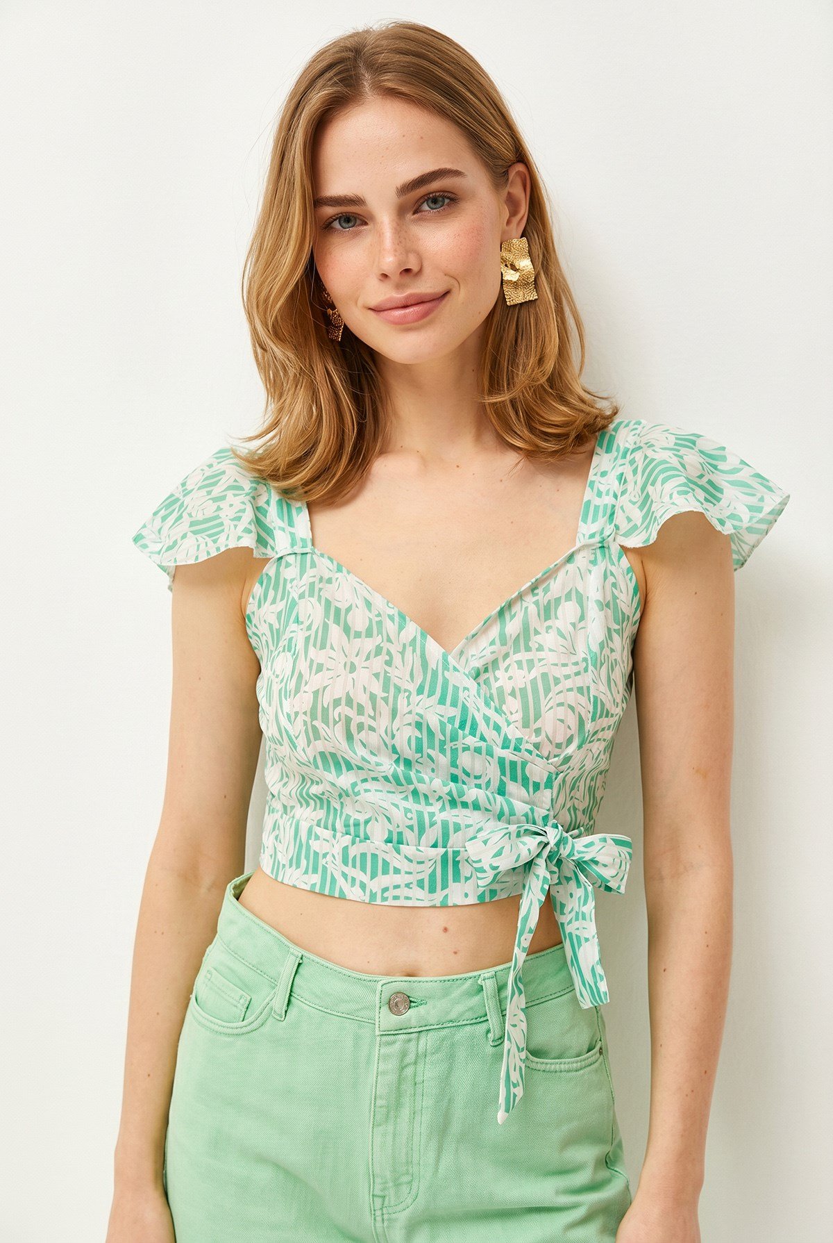 Yandan Fermuarlı Crop Krep Bluz Yeşil Çizgili