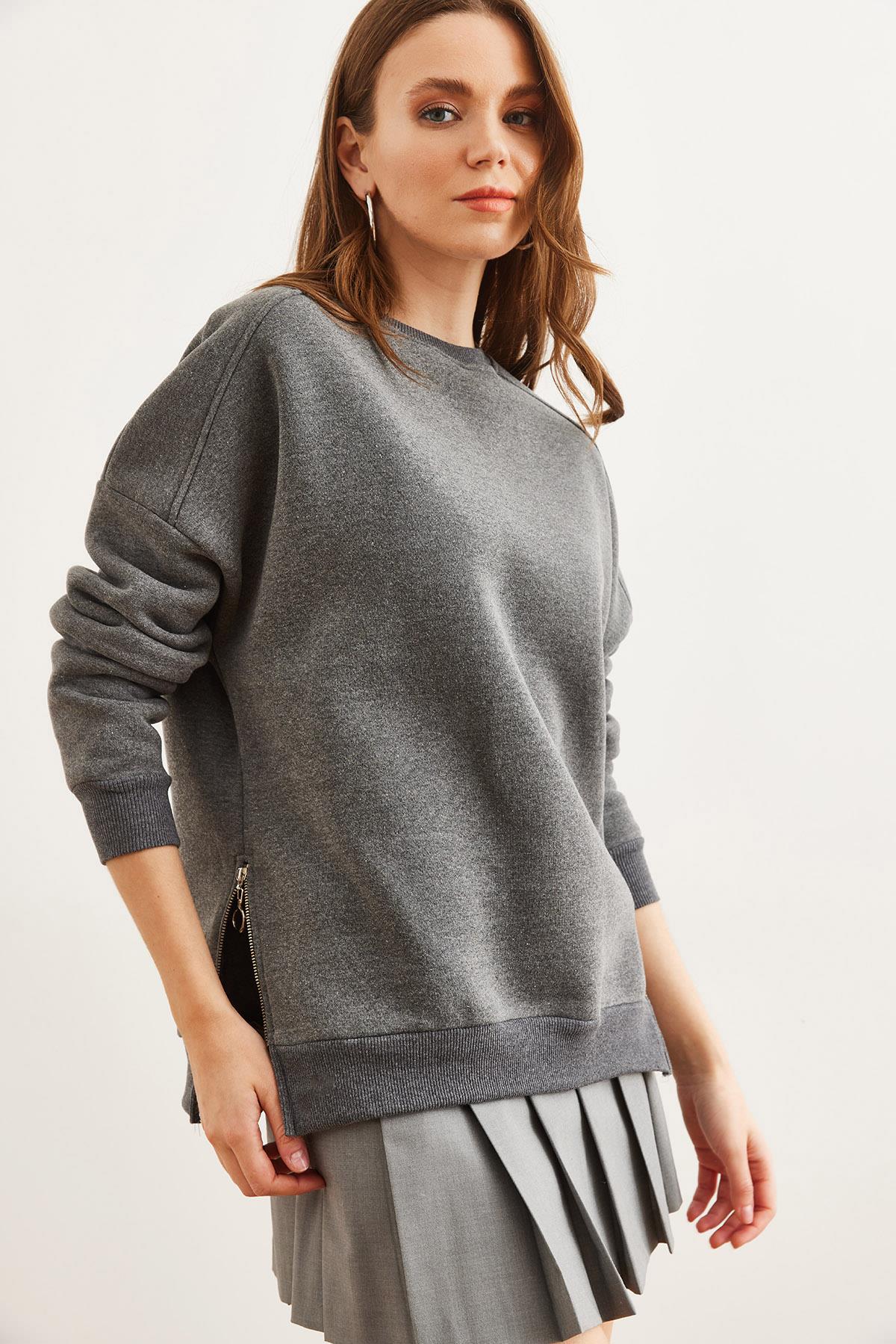 Yanları Fermuar Detaylı İçi Polarlı Kalın Sweatshirt Antrasit