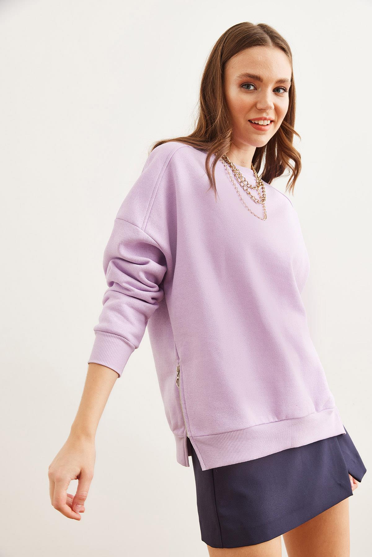 Yanları Fermuar Detaylı İçi Polarlı Kalın Sweatshirt Lila