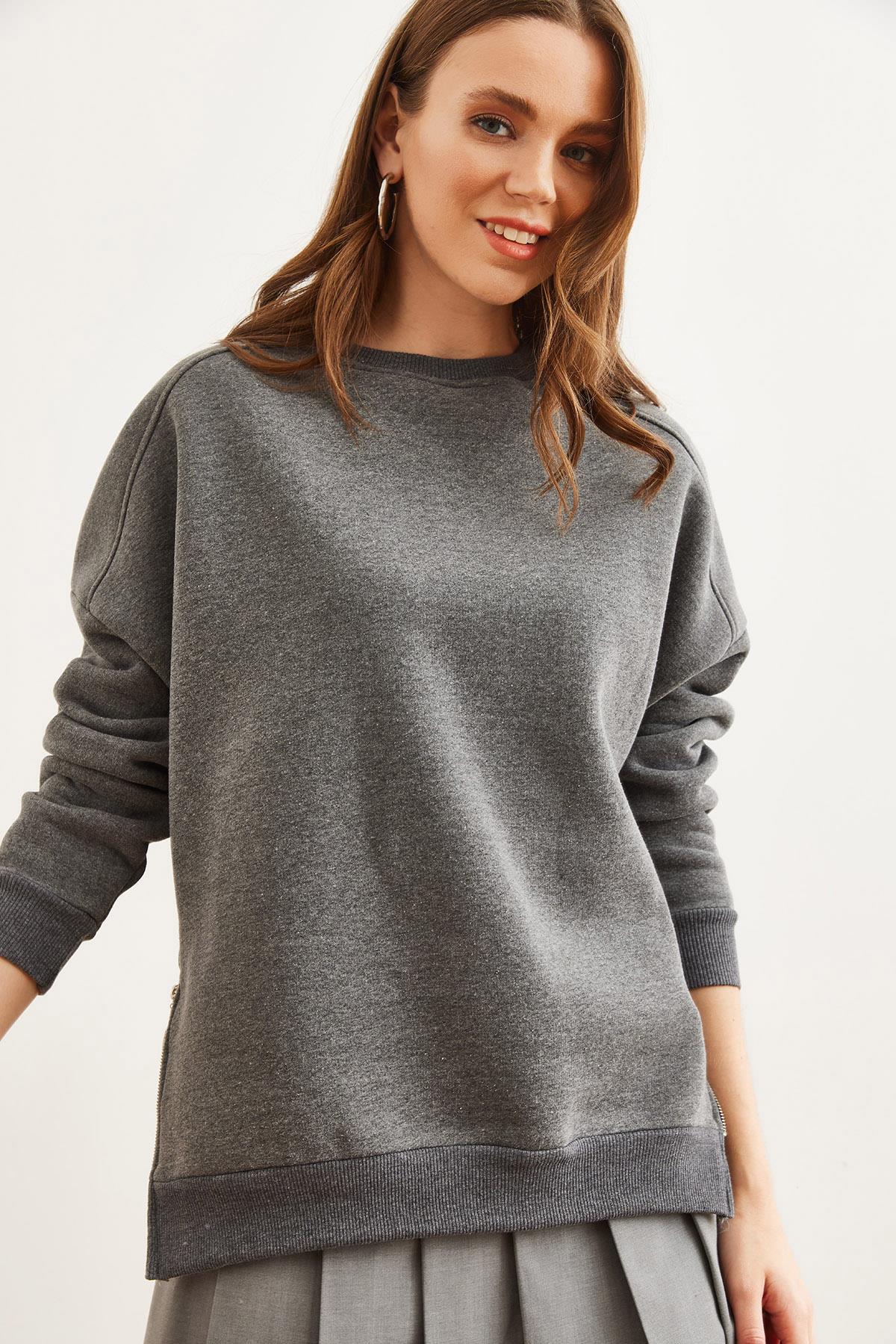 Yanları Fermuar Detaylı İçi Polarlı Kalın Sweatshirt Antrasit