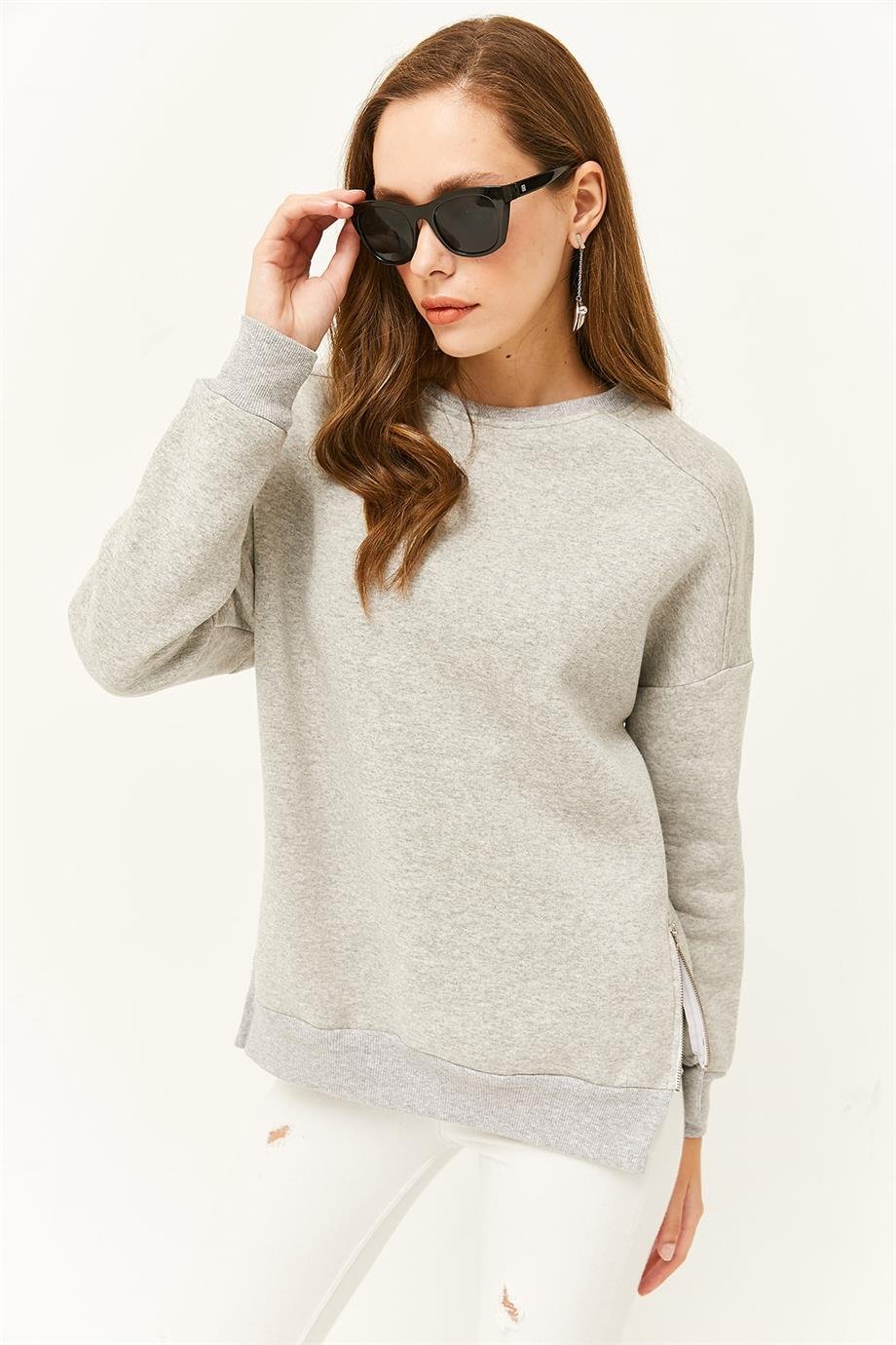 Yanları Fermuar Detaylı İçi Polarlı Kalın Sweatshirt Gri