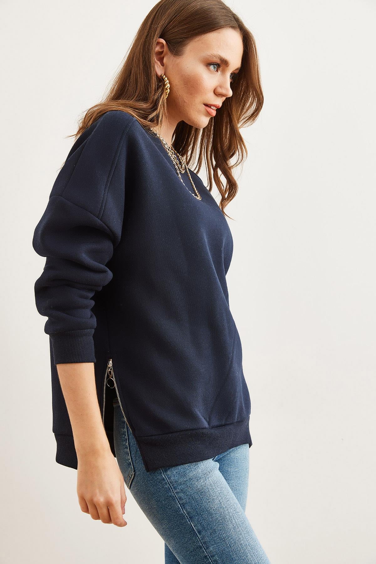 Yanları Fermuar Detaylı İçi Polarlı Kalın Sweatshirt Lacivert