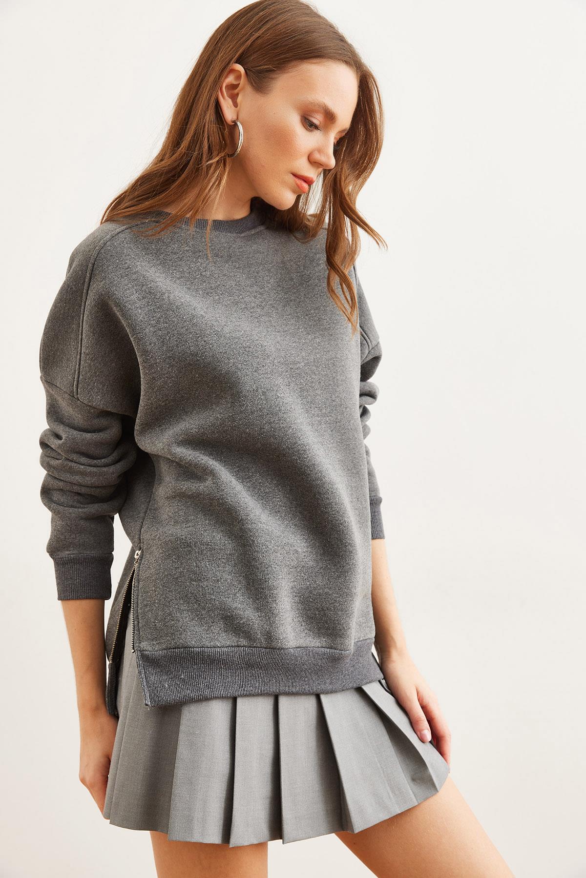 Yanları Fermuar Detaylı İçi Polarlı Kalın Sweatshirt Antrasit