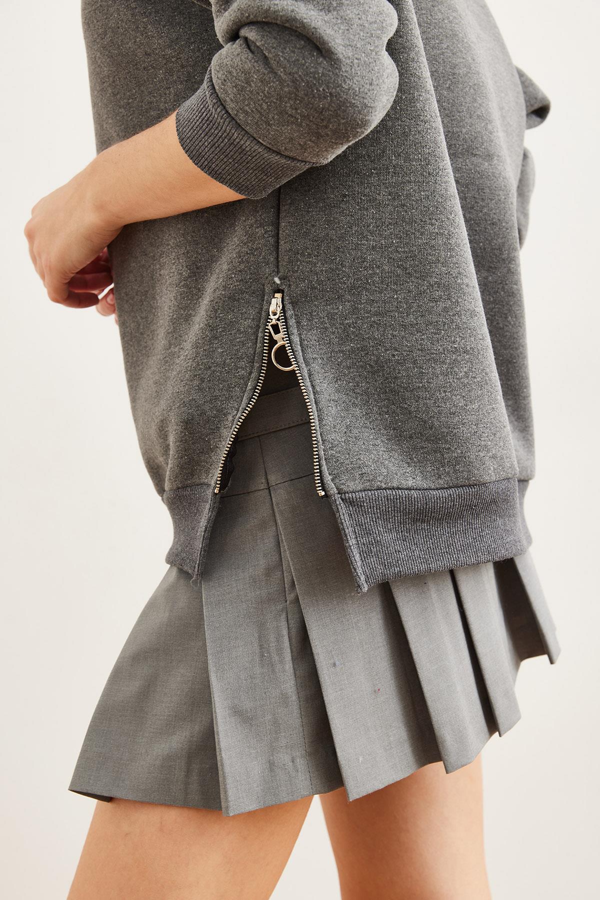 Yanları Fermuar Detaylı İçi Polarlı Kalın Sweatshirt Antrasit