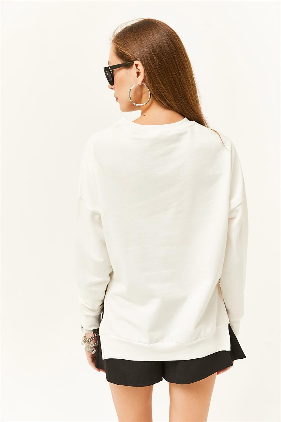 Yanları Fermuar Detaylı İçi Polarlı Kalın Sweatshirt Ekru