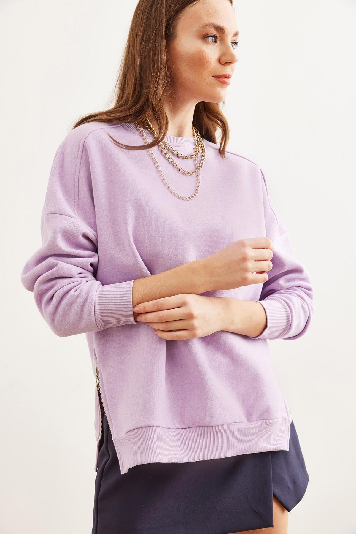 Yanları Fermuar Detaylı İçi Polarlı Kalın Sweatshirt Lila