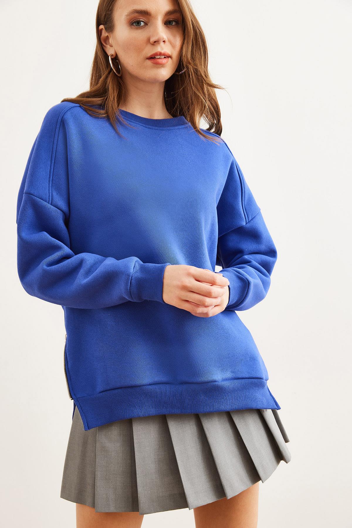 Yanları Fermuar Detaylı İçi Polarlı Kalın Sweatshirt Saks Mavi