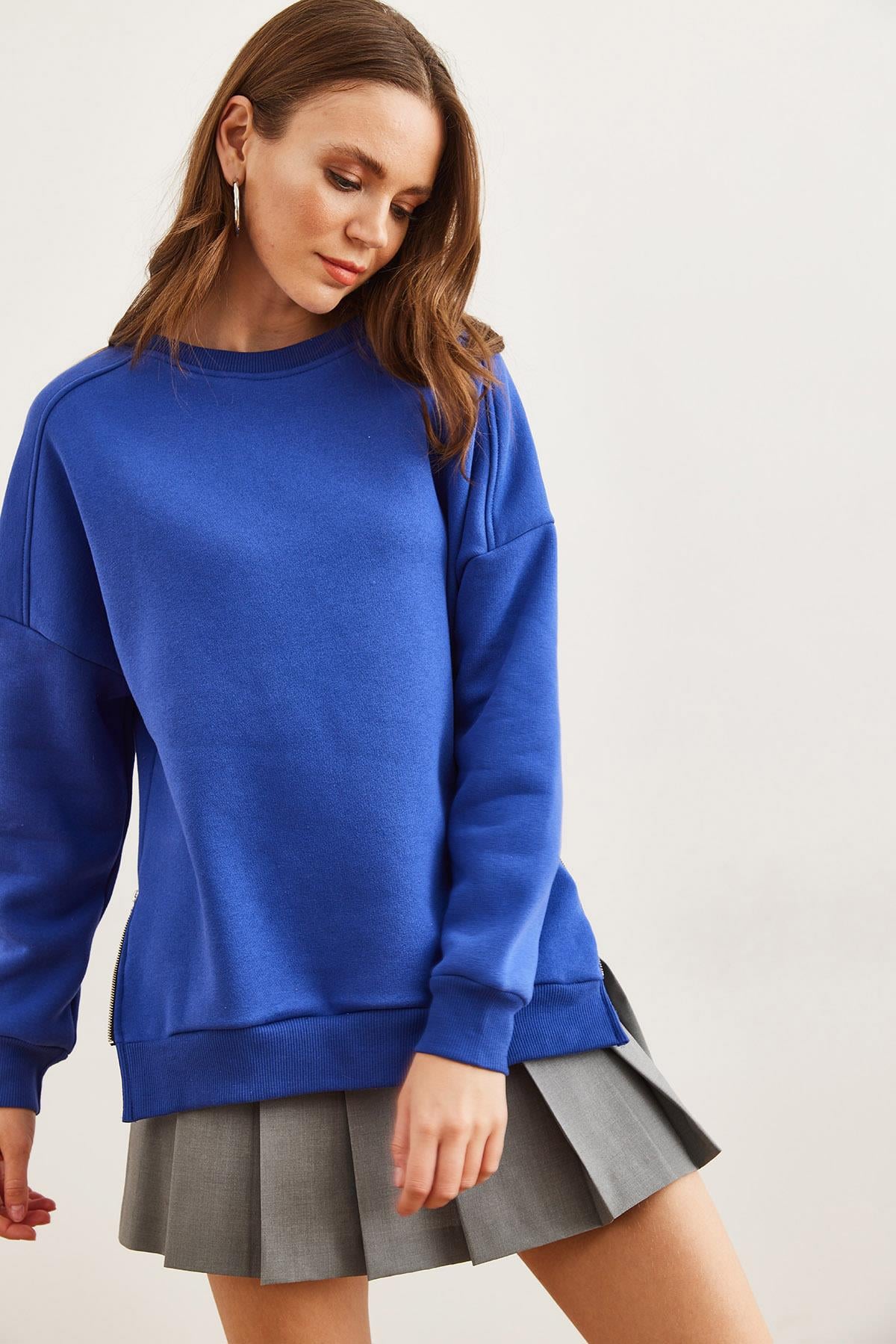 Yanları Fermuar Detaylı İçi Polarlı Kalın Sweatshirt Saks Mavi