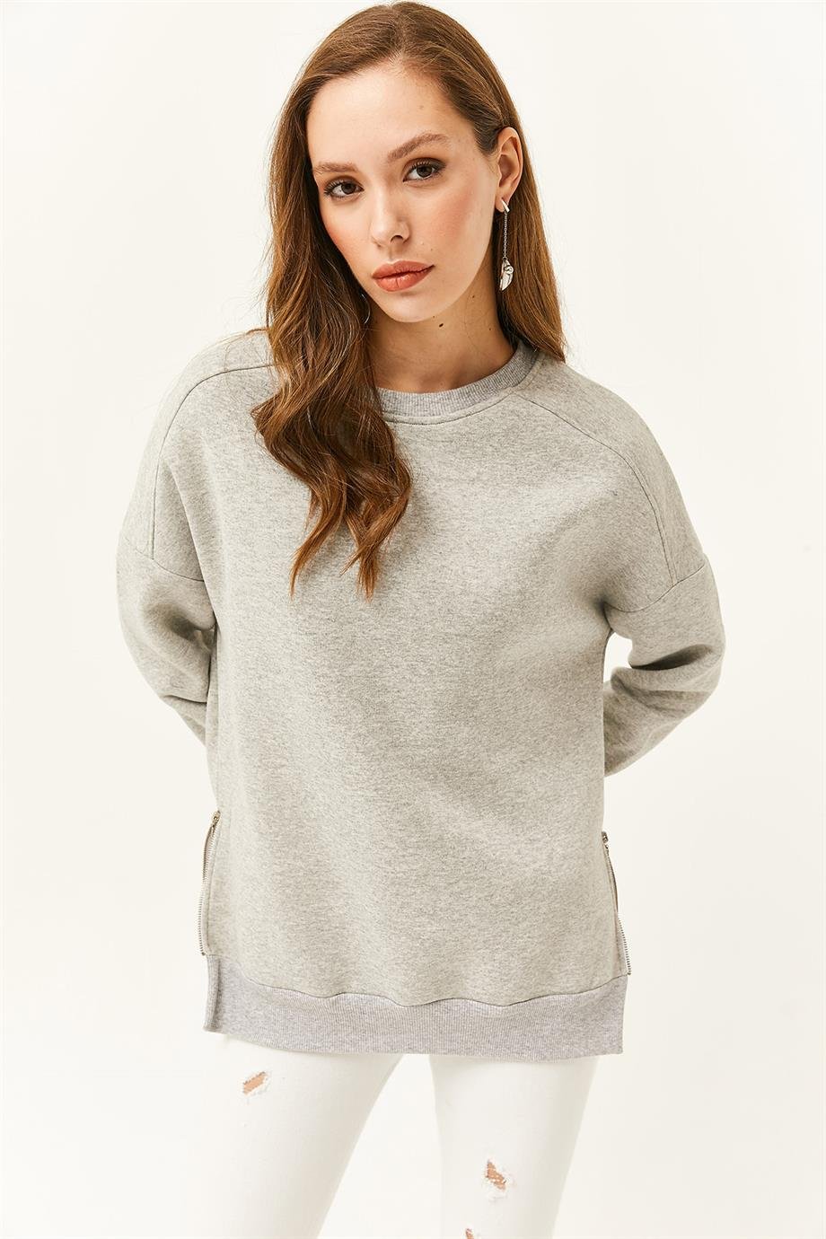 Yanları Fermuar Detaylı İçi Polarlı Kalın Sweatshirt Gri