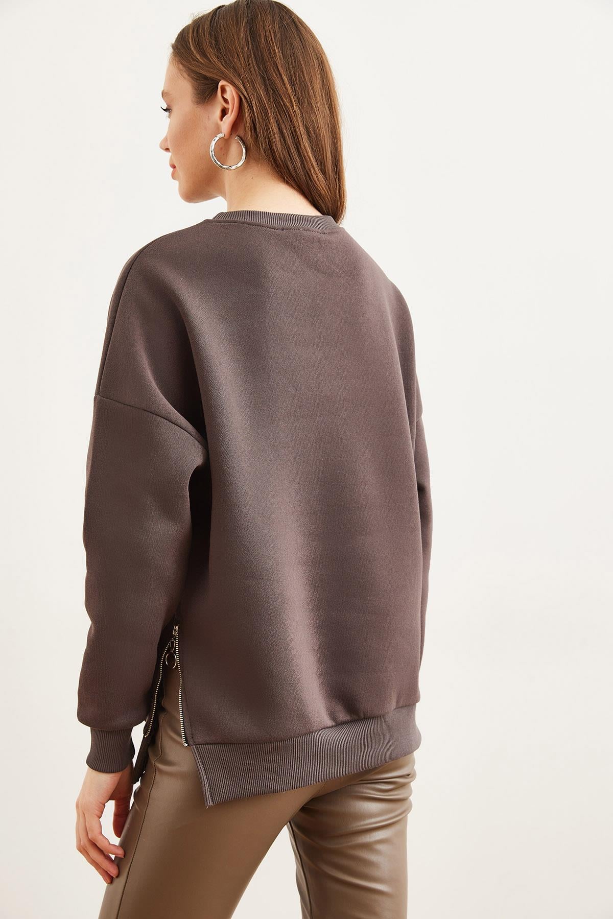 Yanları Fermuar Detaylı İçi Polarlı Kalın Sweatshirt Vizon