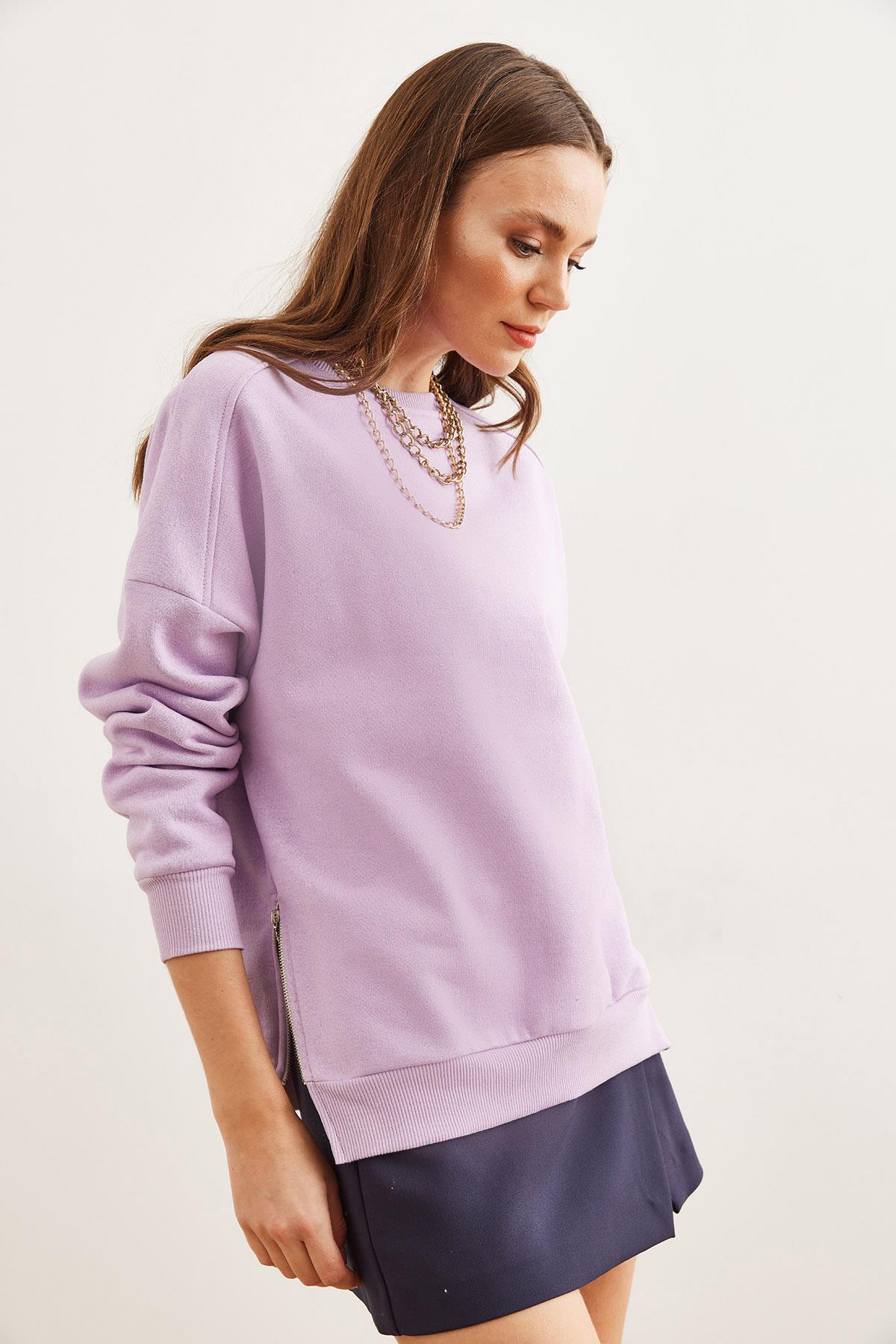 Yanları Fermuar Detaylı İçi Polarlı Kalın Sweatshirt Lila