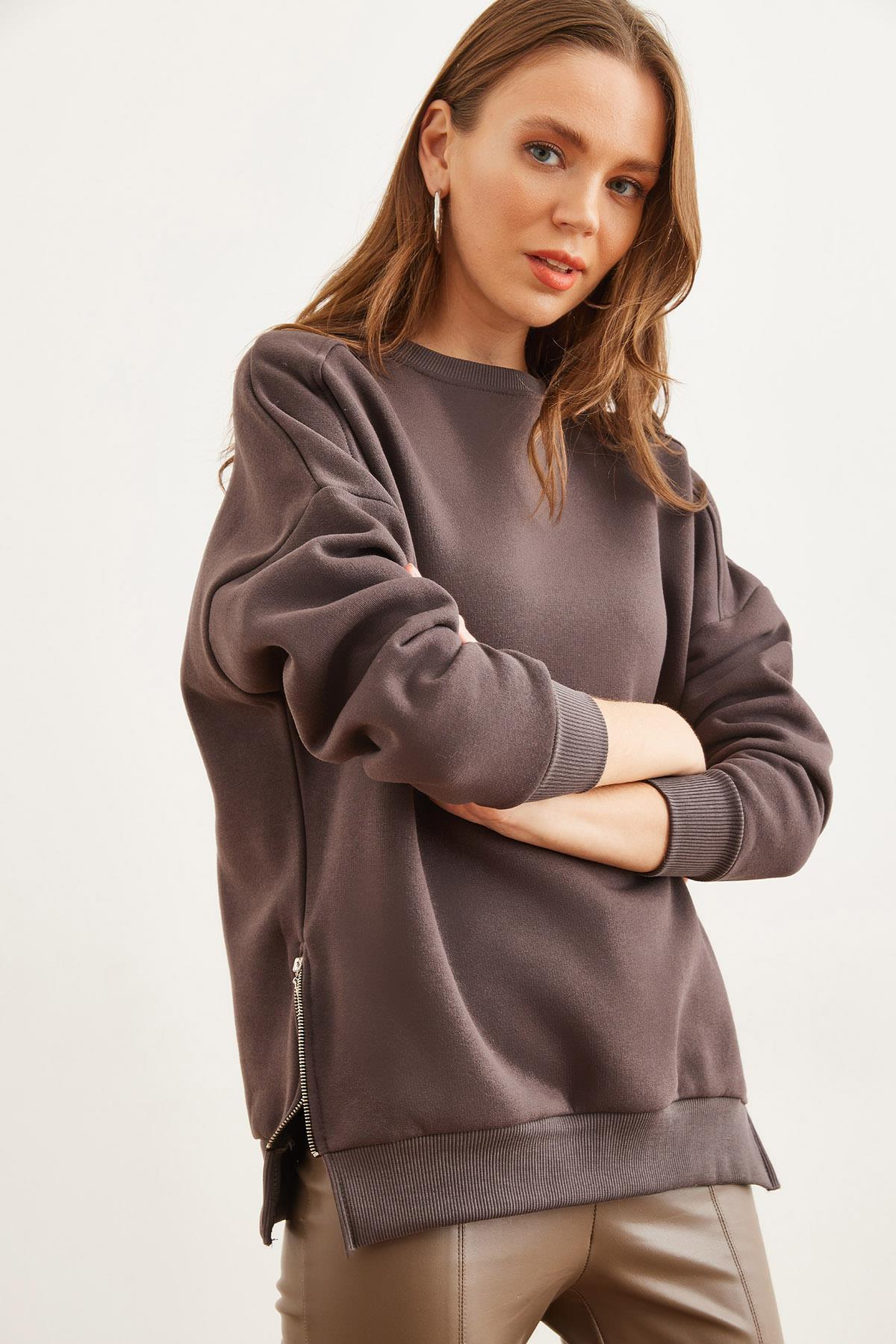 Yanları Fermuar Detaylı İçi Polarlı Kalın Sweatshirt Vizon