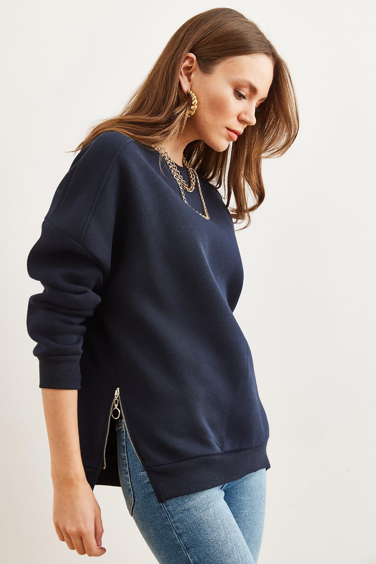 Yanları Fermuar Detaylı İçi Polarlı Kalın Sweatshirt Lacivert