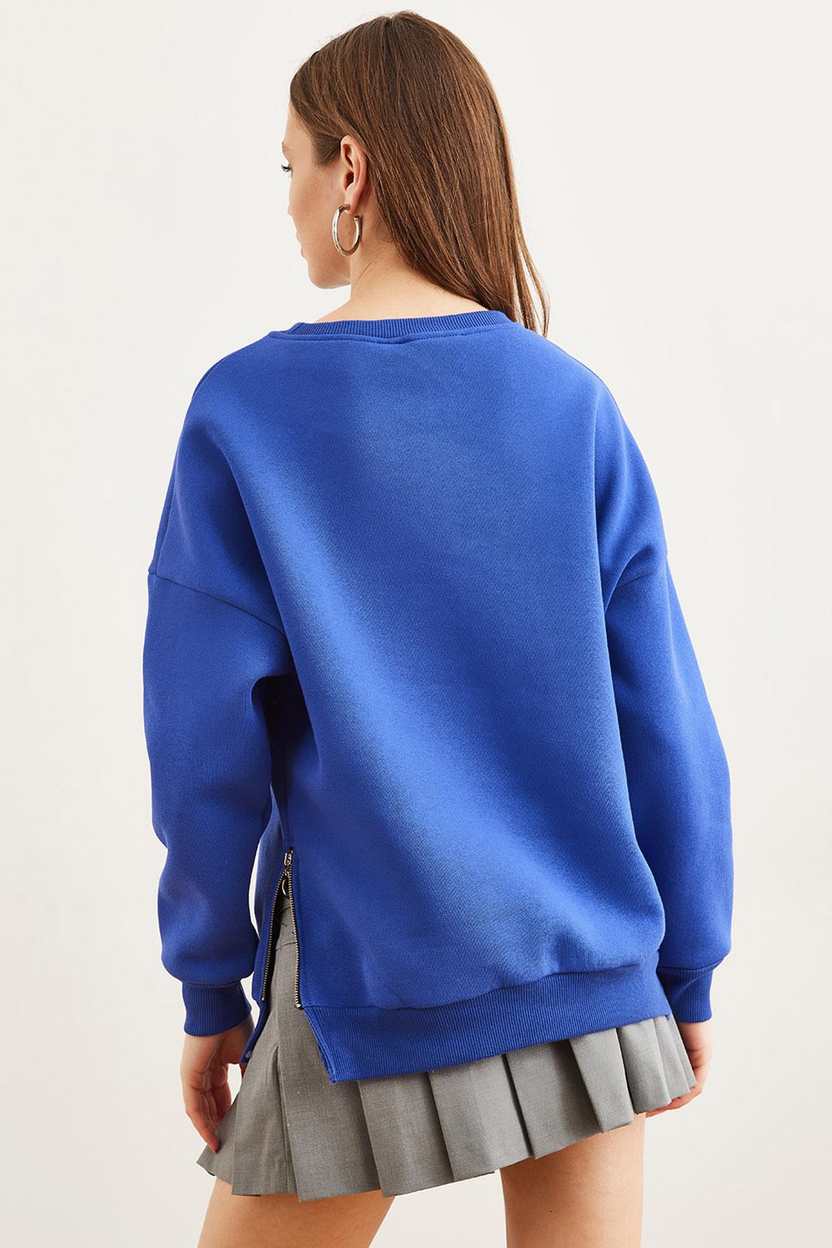 Yanları Fermuar Detaylı İçi Polarlı Kalın Sweatshirt Saks Mavi