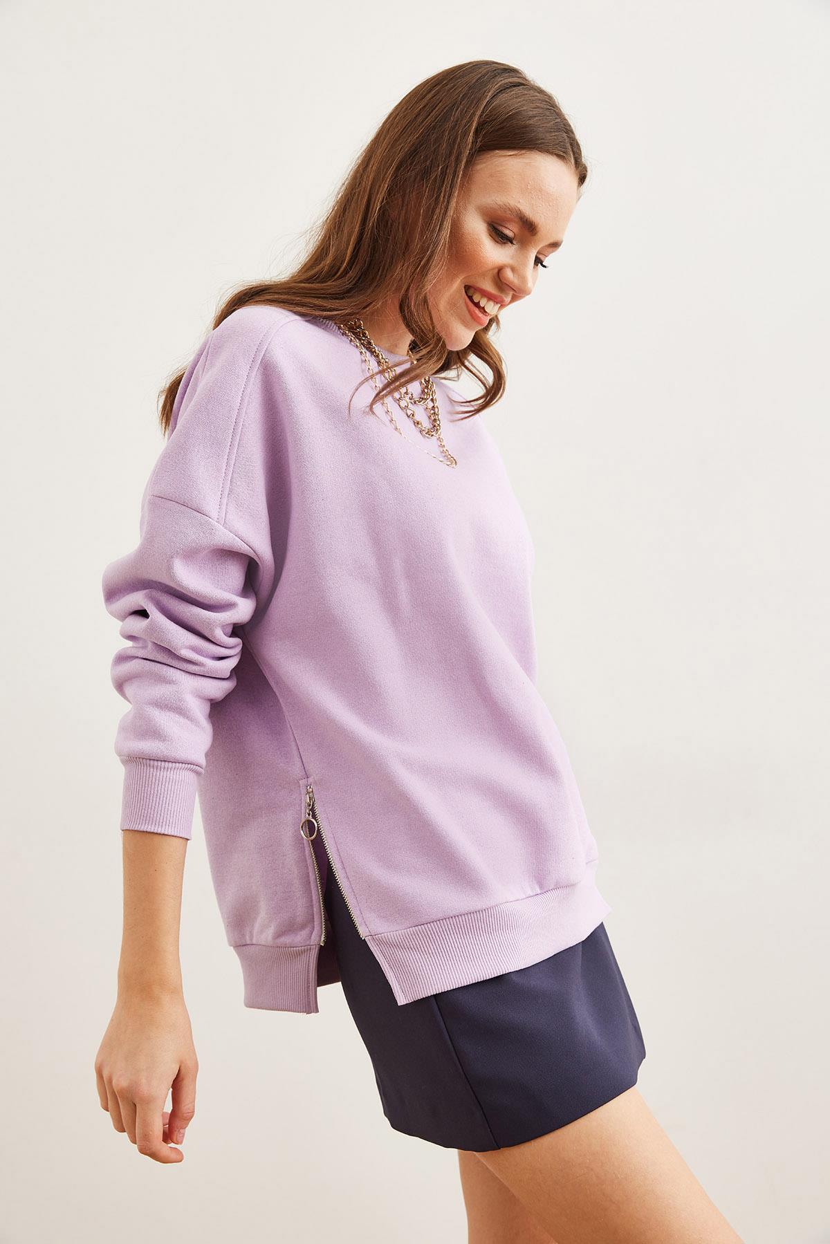Yanları Fermuar Detaylı İçi Polarlı Kalın Sweatshirt Lila