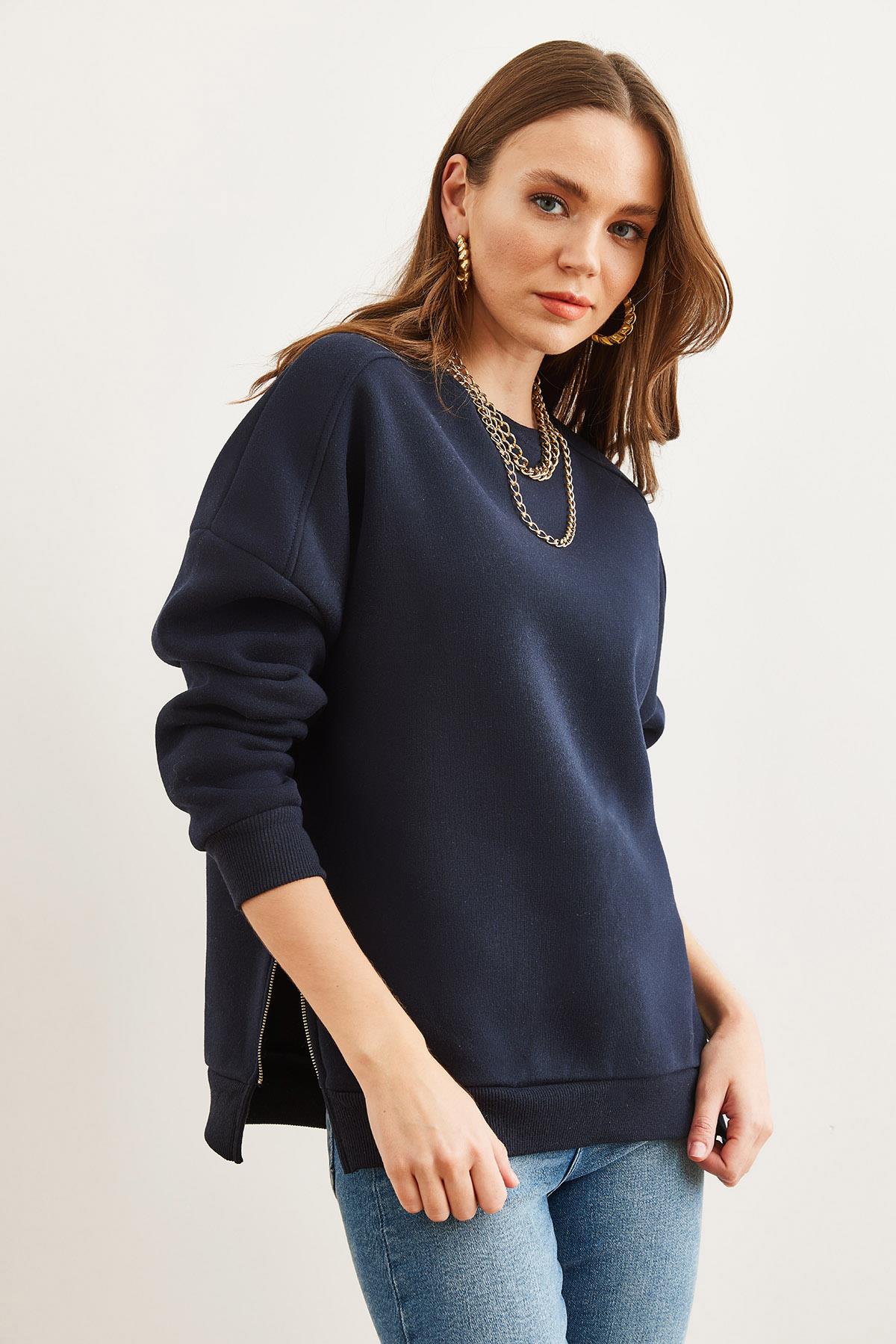 Yanları Fermuar Detaylı İçi Polarlı Kalın Sweatshirt Lacivert