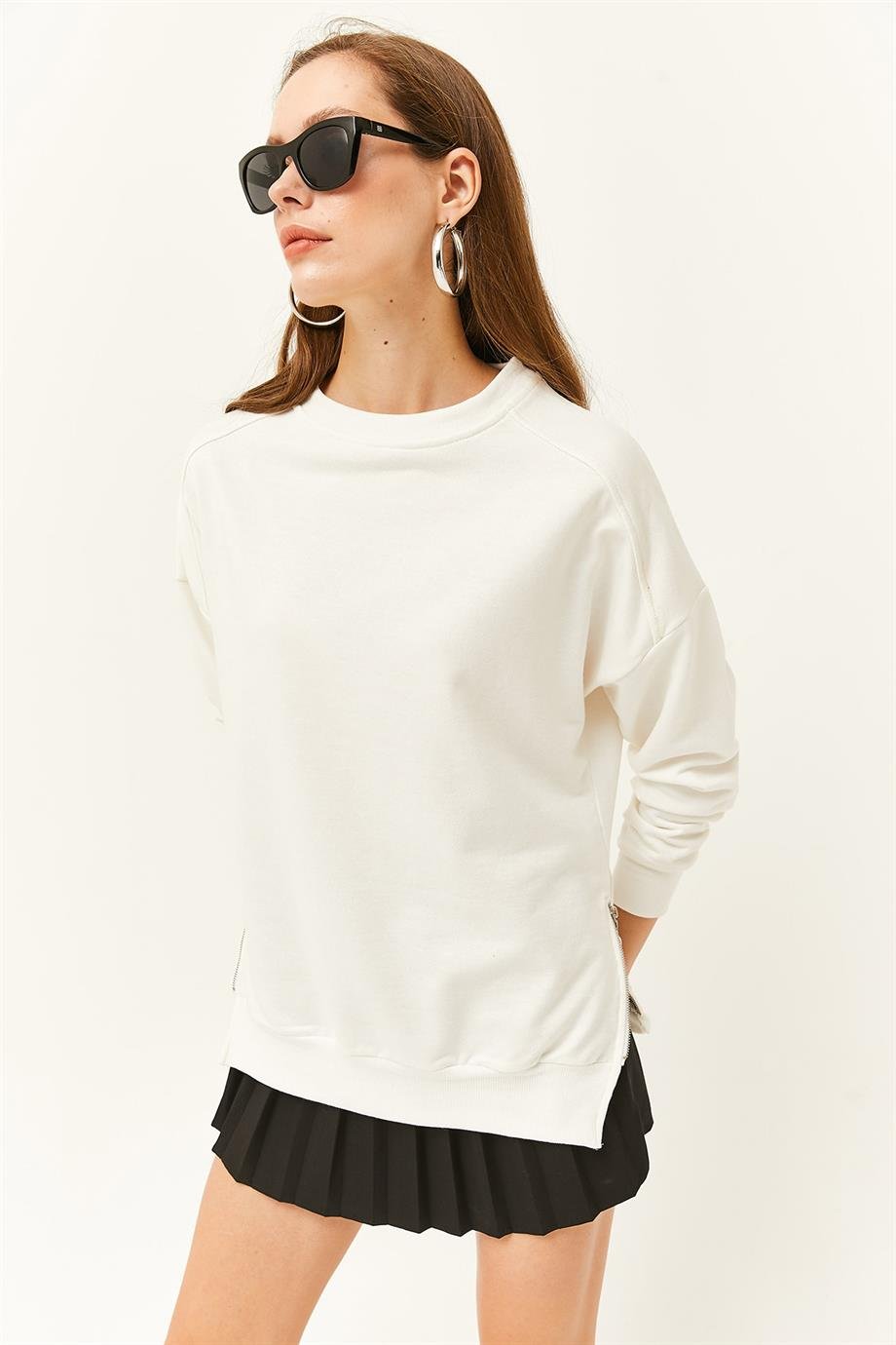 Yanları Fermuar Detaylı İçi Polarlı Kalın Sweatshirt Ekru