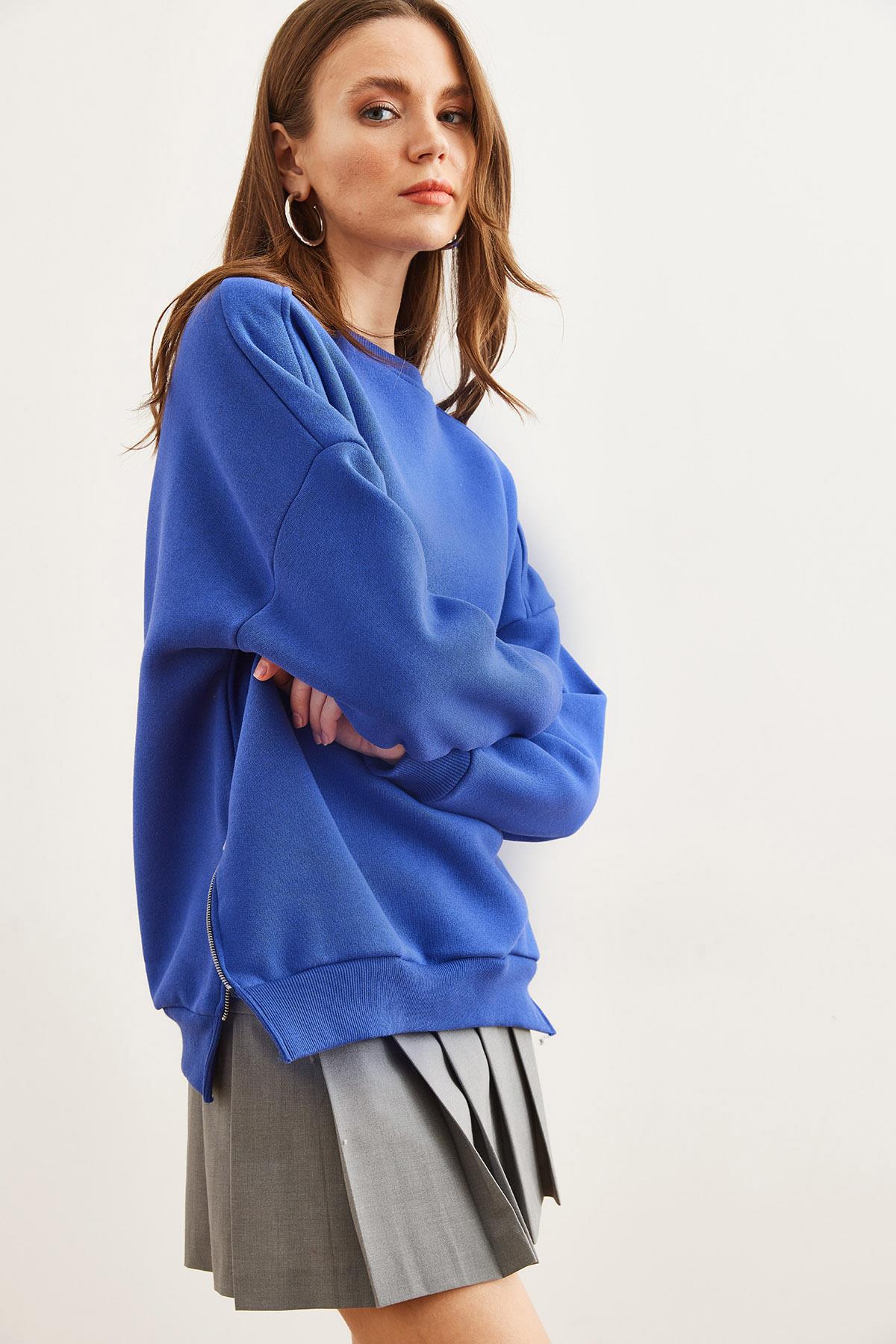Yanları Fermuar Detaylı İçi Polarlı Kalın Sweatshirt Saks Mavi