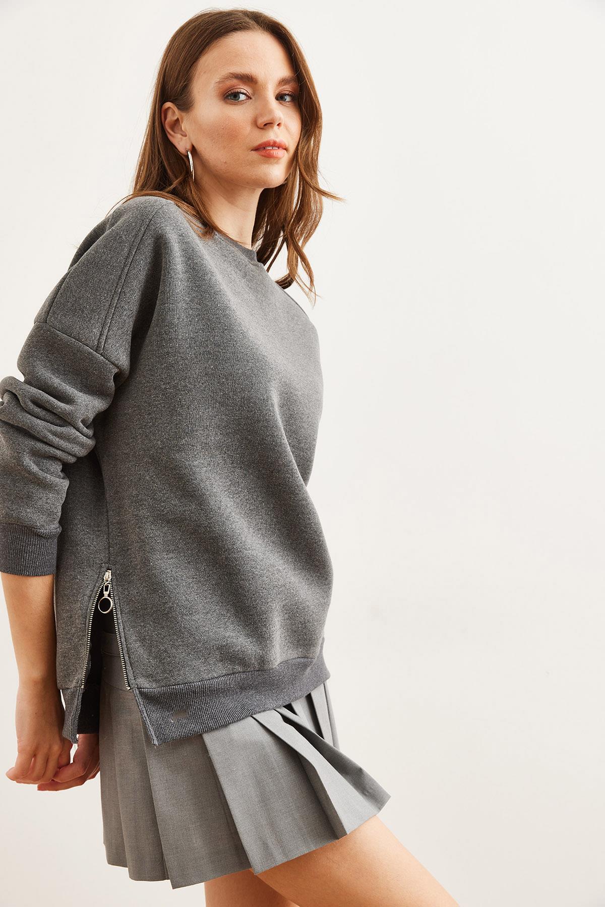Yanları Fermuar Detaylı İçi Polarlı Kalın Sweatshirt Antrasit