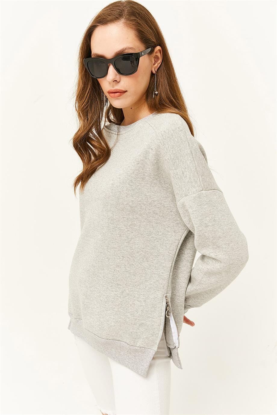 Yanları Fermuar Detaylı İçi Polarlı Kalın Sweatshirt Gri