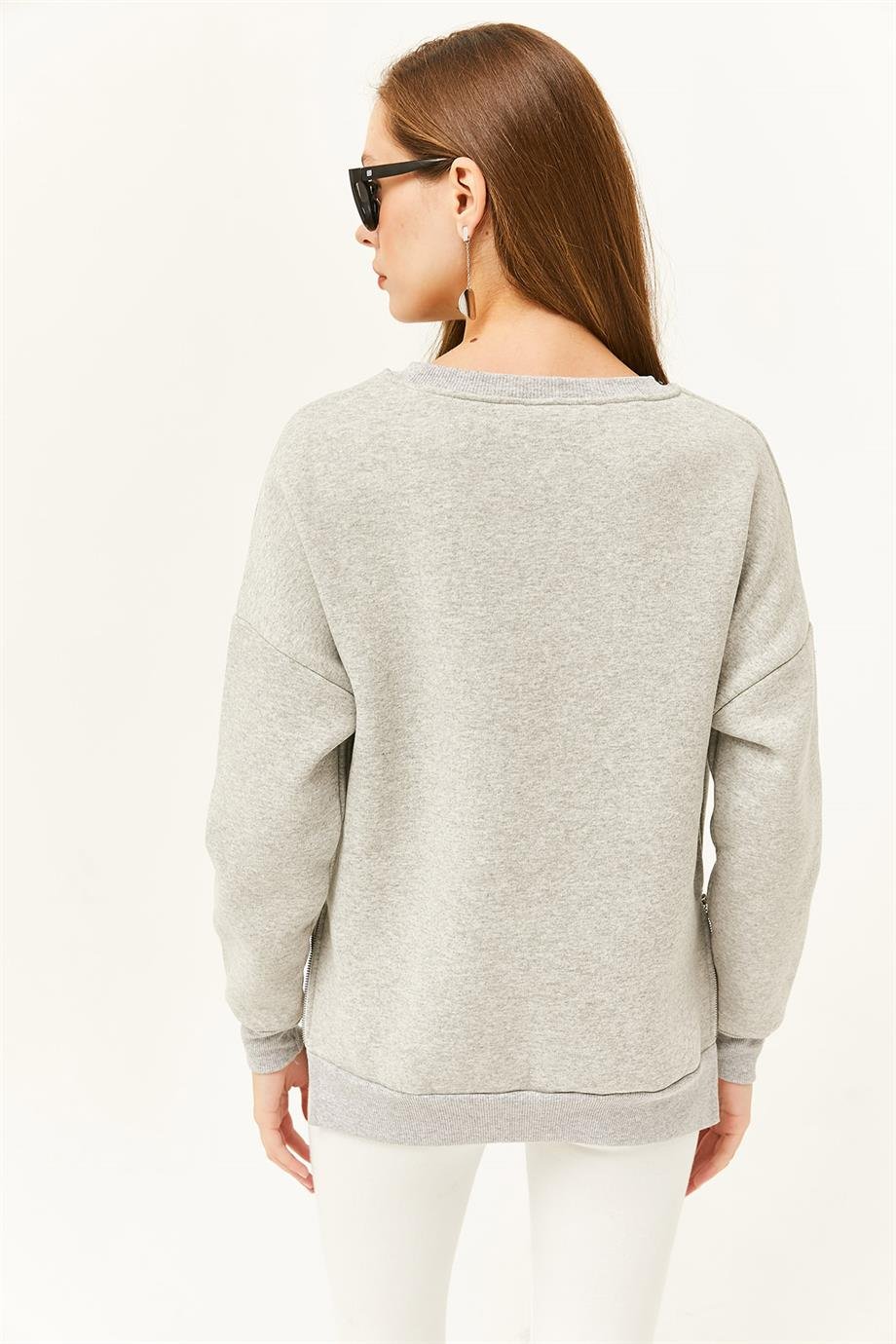 Yanları Fermuar Detaylı İçi Polarlı Kalın Sweatshirt Gri
