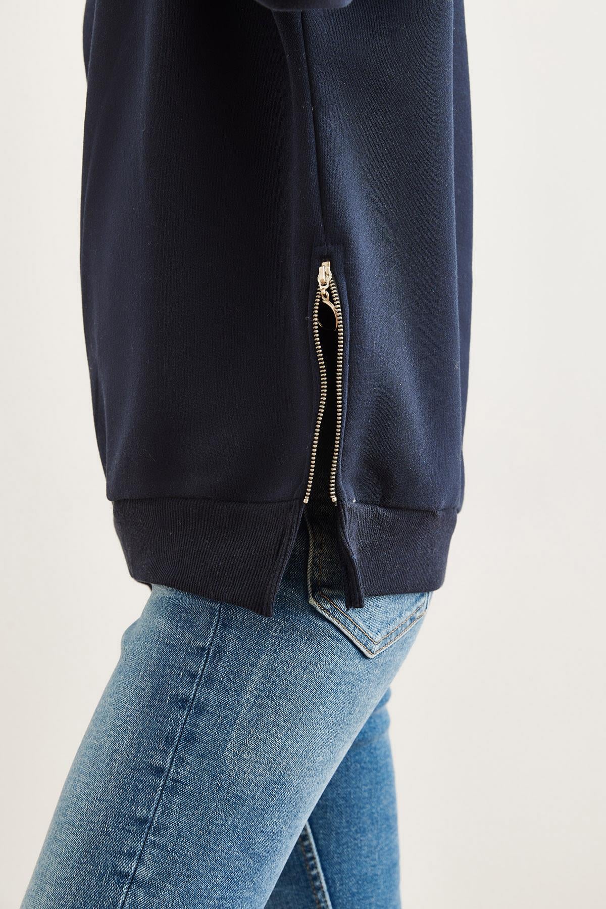Yanları Fermuar Detaylı İçi Polarlı Kalın Sweatshirt Lacivert