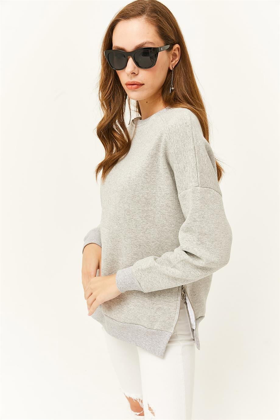 Yanları Fermuar Detaylı İçi Polarlı Kalın Sweatshirt Gri