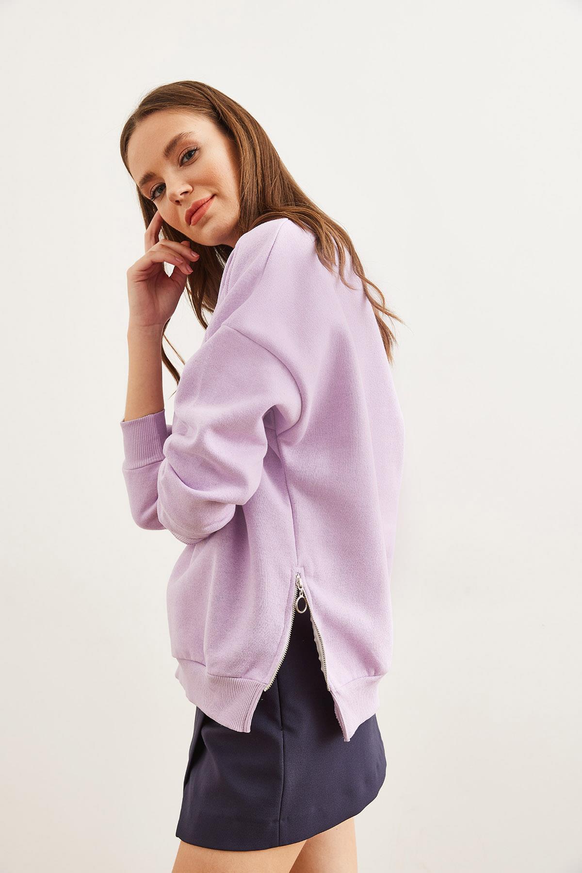 Yanları Fermuar Detaylı İçi Polarlı Kalın Sweatshirt Lila