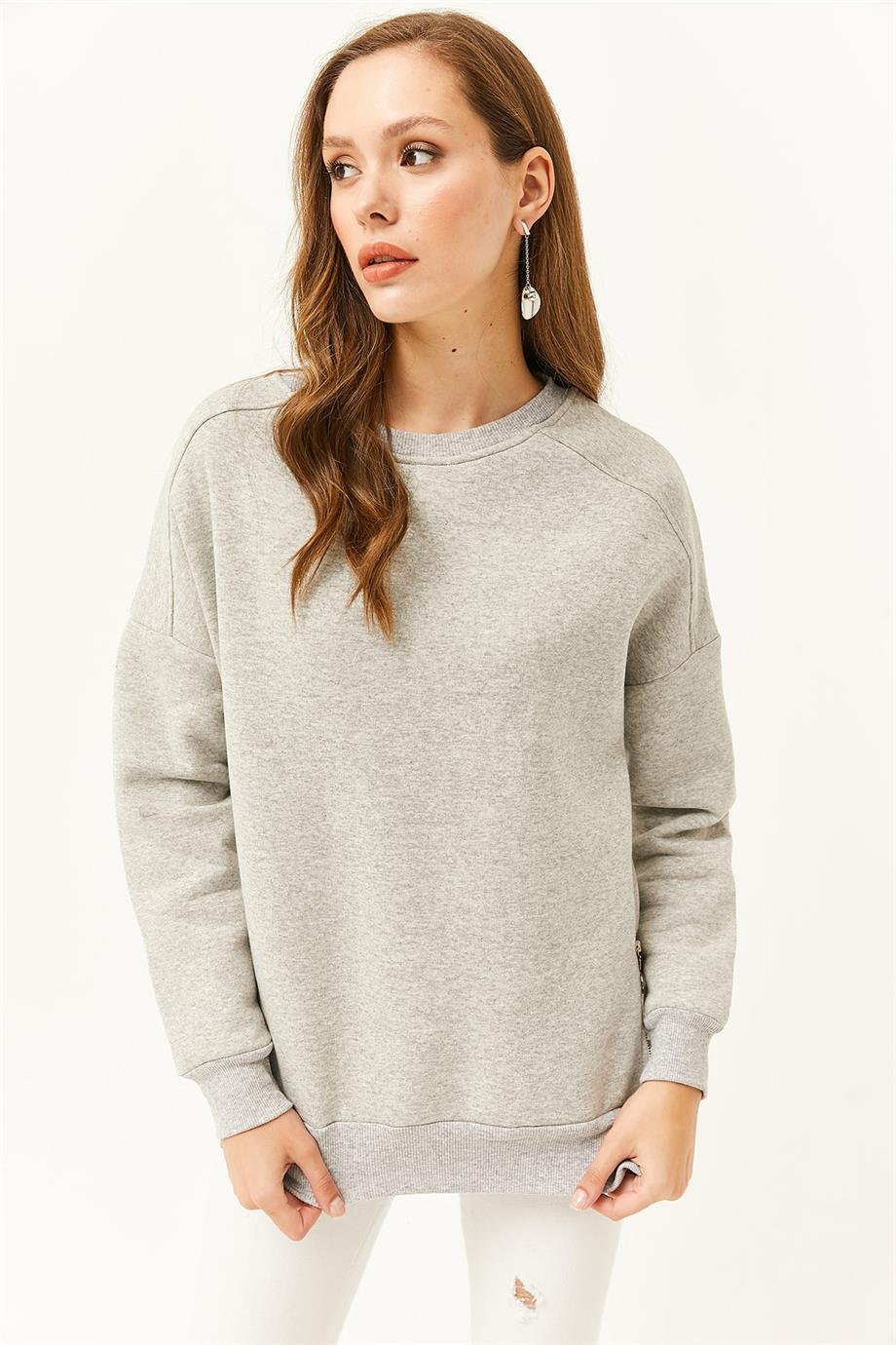 Yanları Fermuar Detaylı İçi Polarlı Kalın Sweatshirt Gri