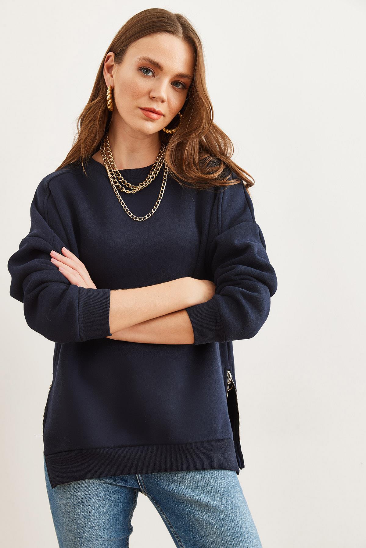 Yanları Fermuar Detaylı İçi Polarlı Kalın Sweatshirt Lacivert