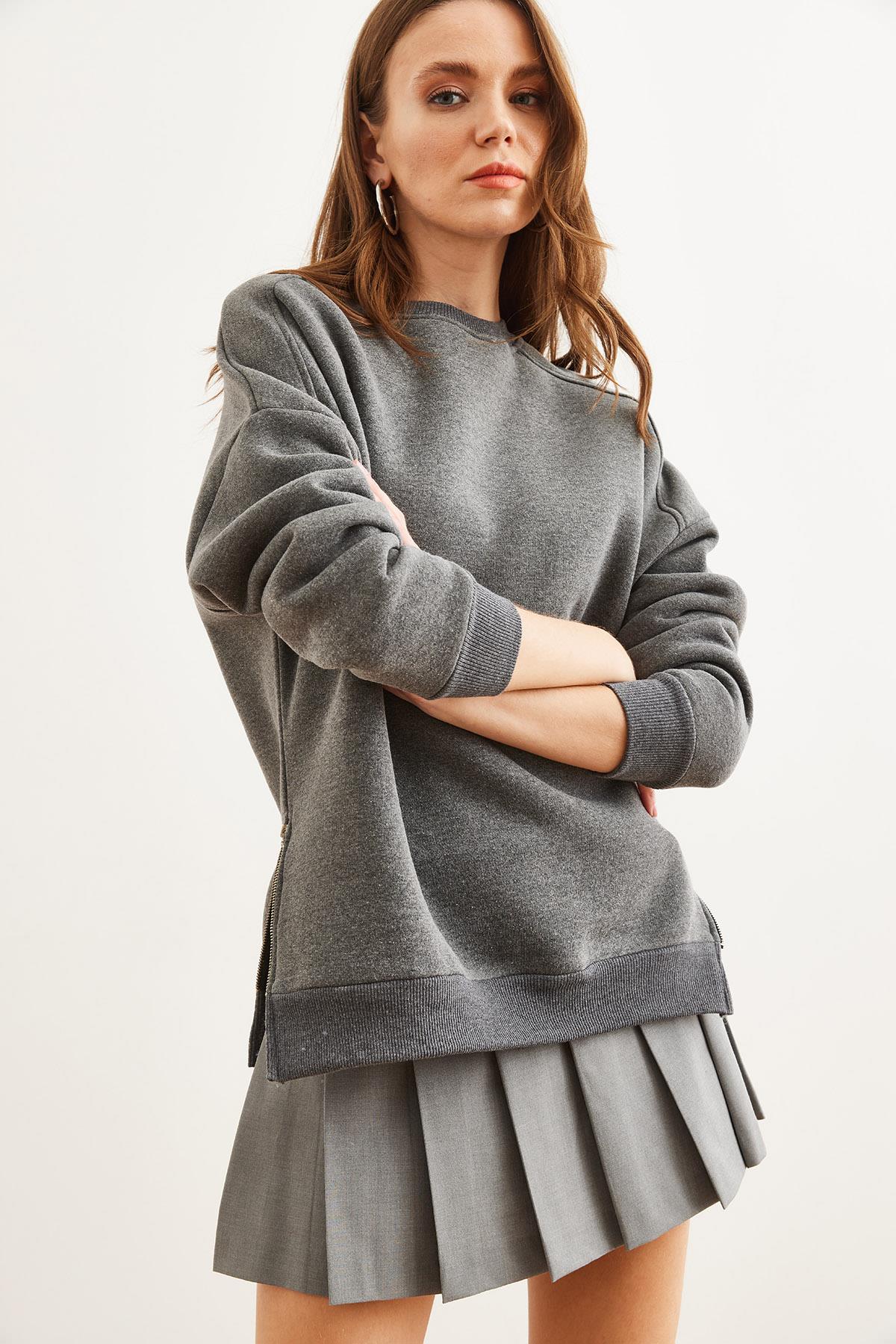 Yanları Fermuar Detaylı İçi Polarlı Kalın Sweatshirt Antrasit