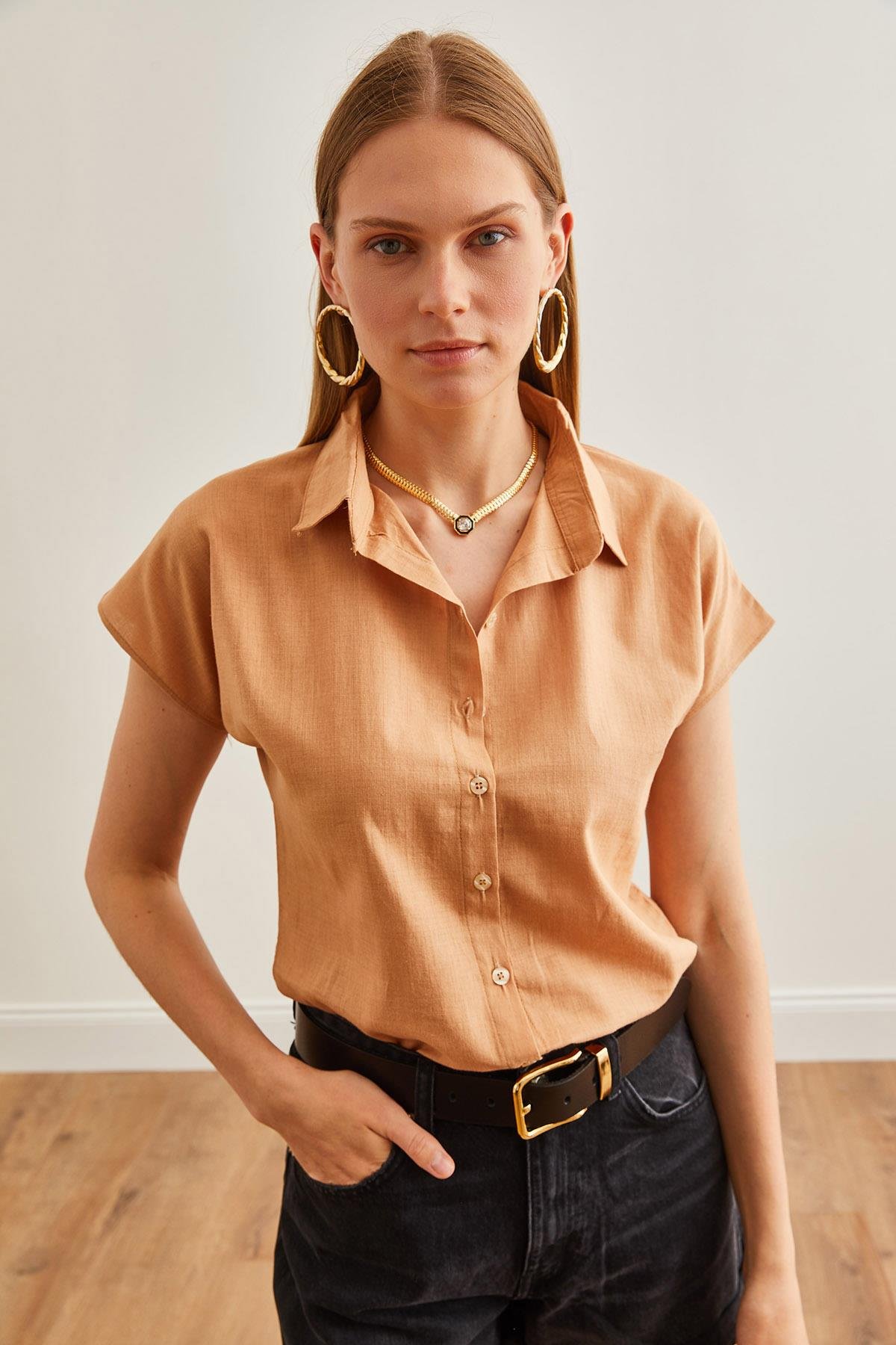 Yarasa Keten Gömlek Camel