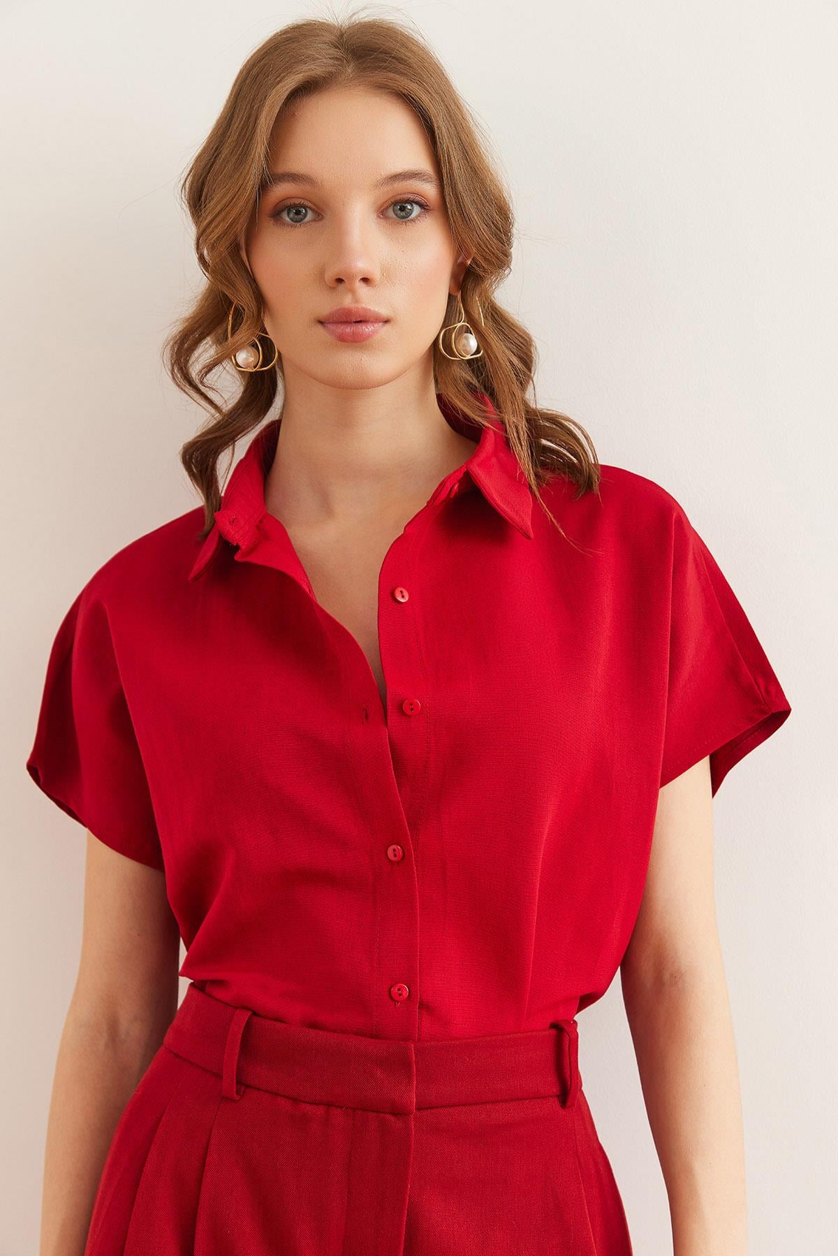 Yarasa Oversize Keten Gömlek Bordo