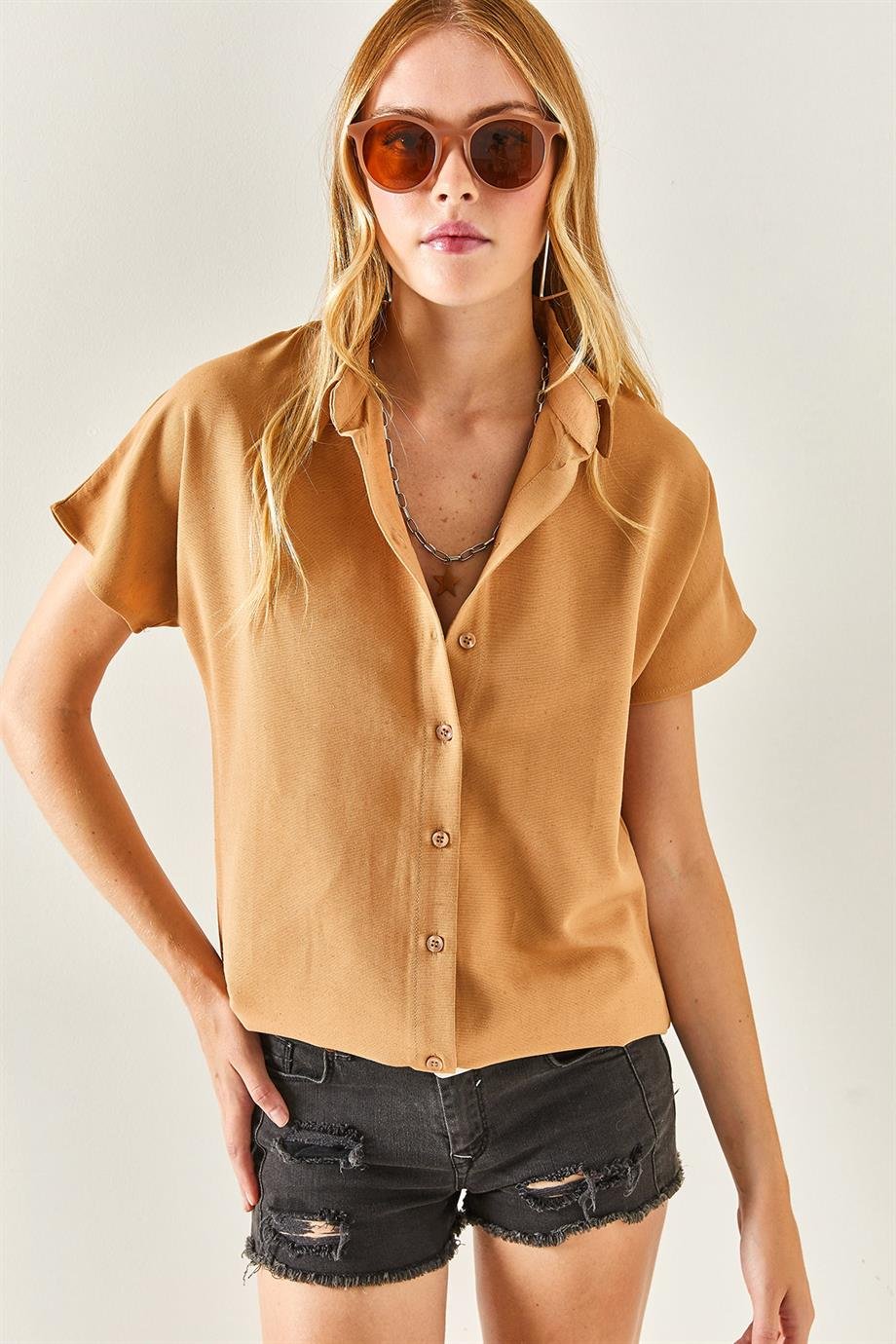Yarasa Oversize Keten Gömlek Camel